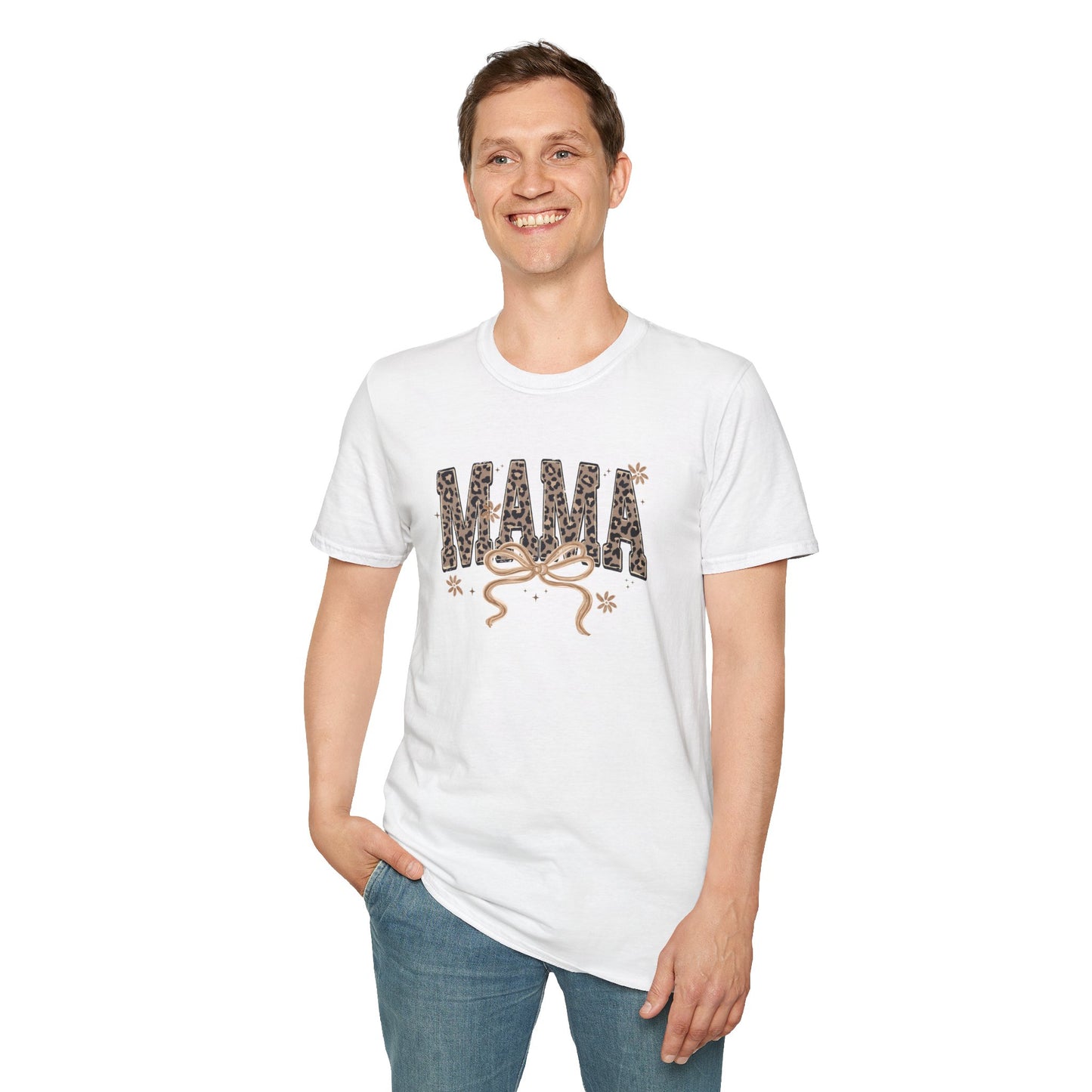 Mama Leopard Print T-Shirt — Cute Mama Graphic Tee with Bow Accent