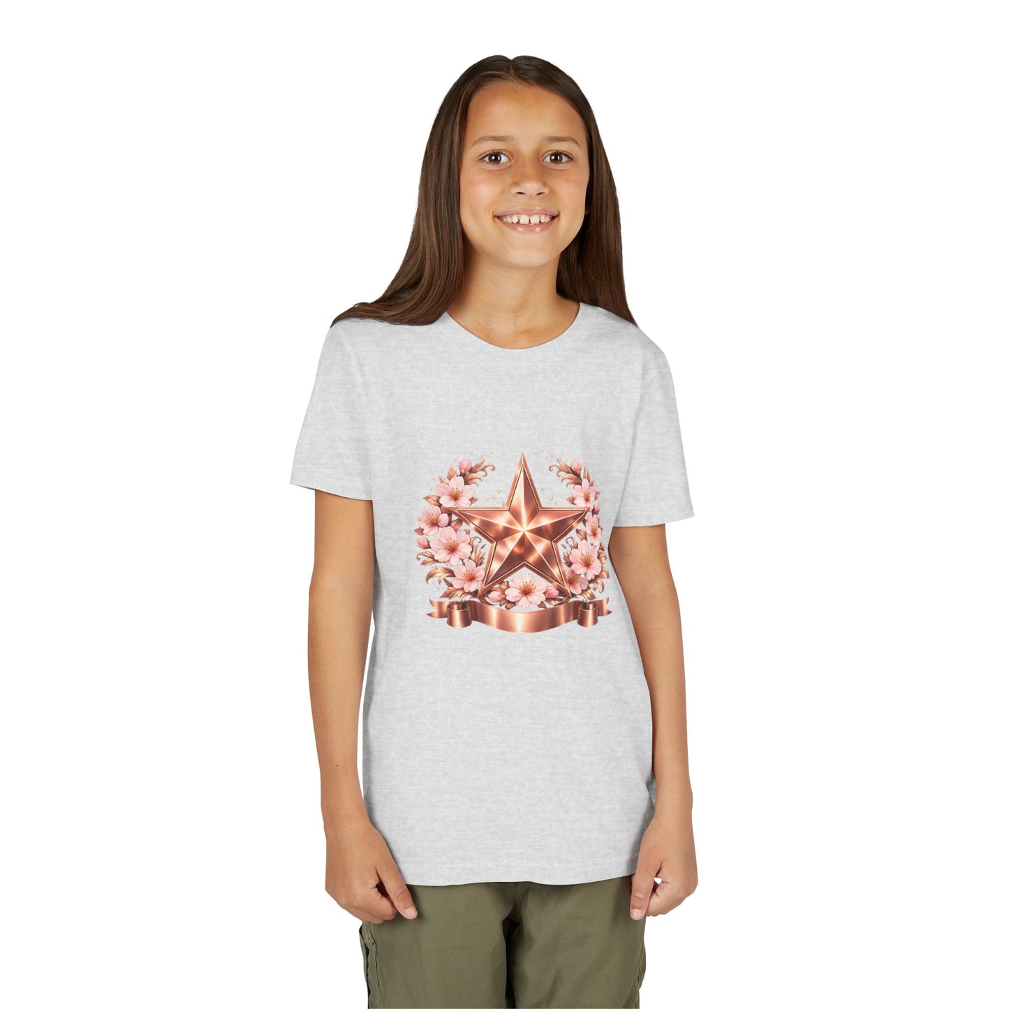 Youth Tee — Rose Gold Star with Cherry Blossom Wreath