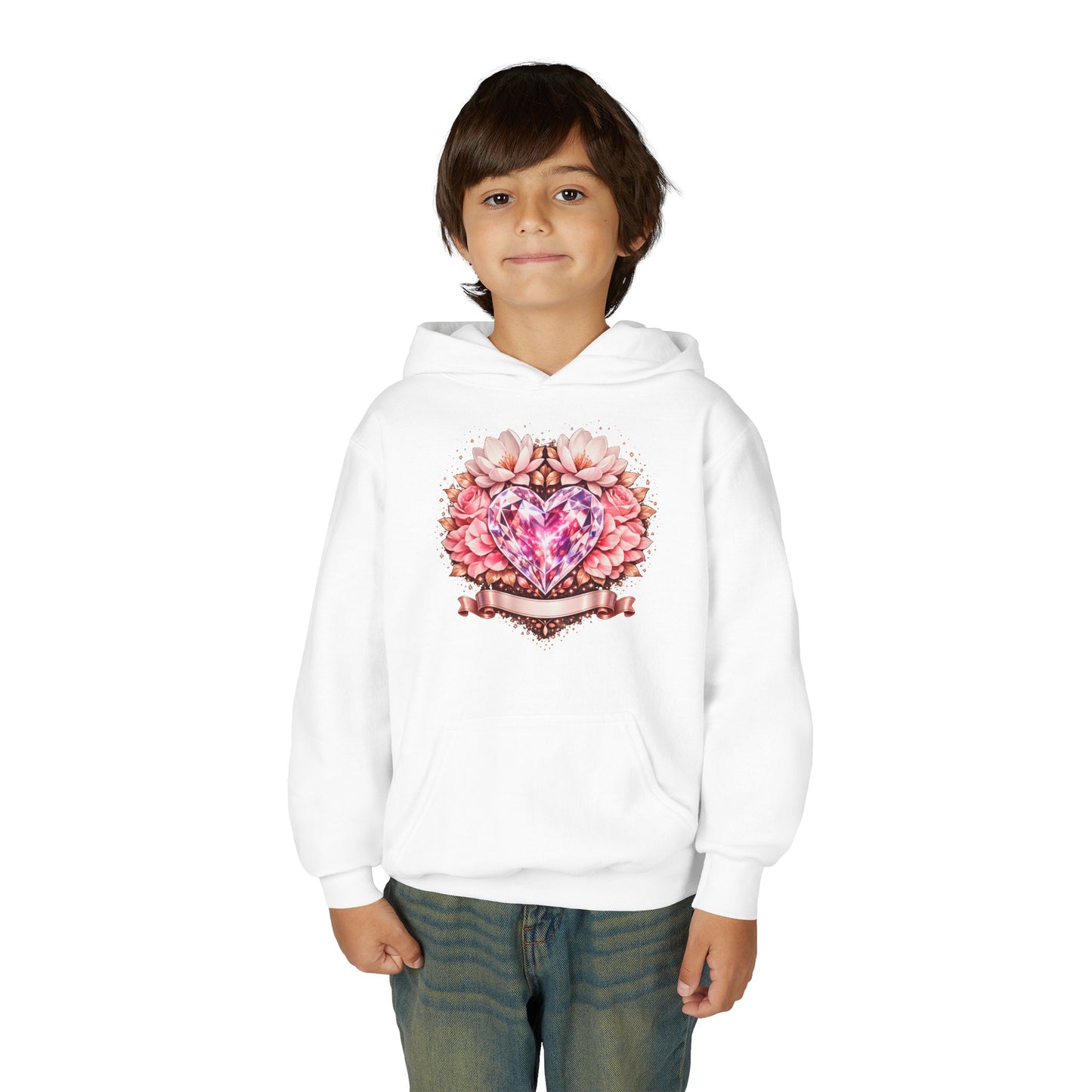 Youth Heart Gem Hoodie — Pink Floral Heart Graphic Sweatshirt