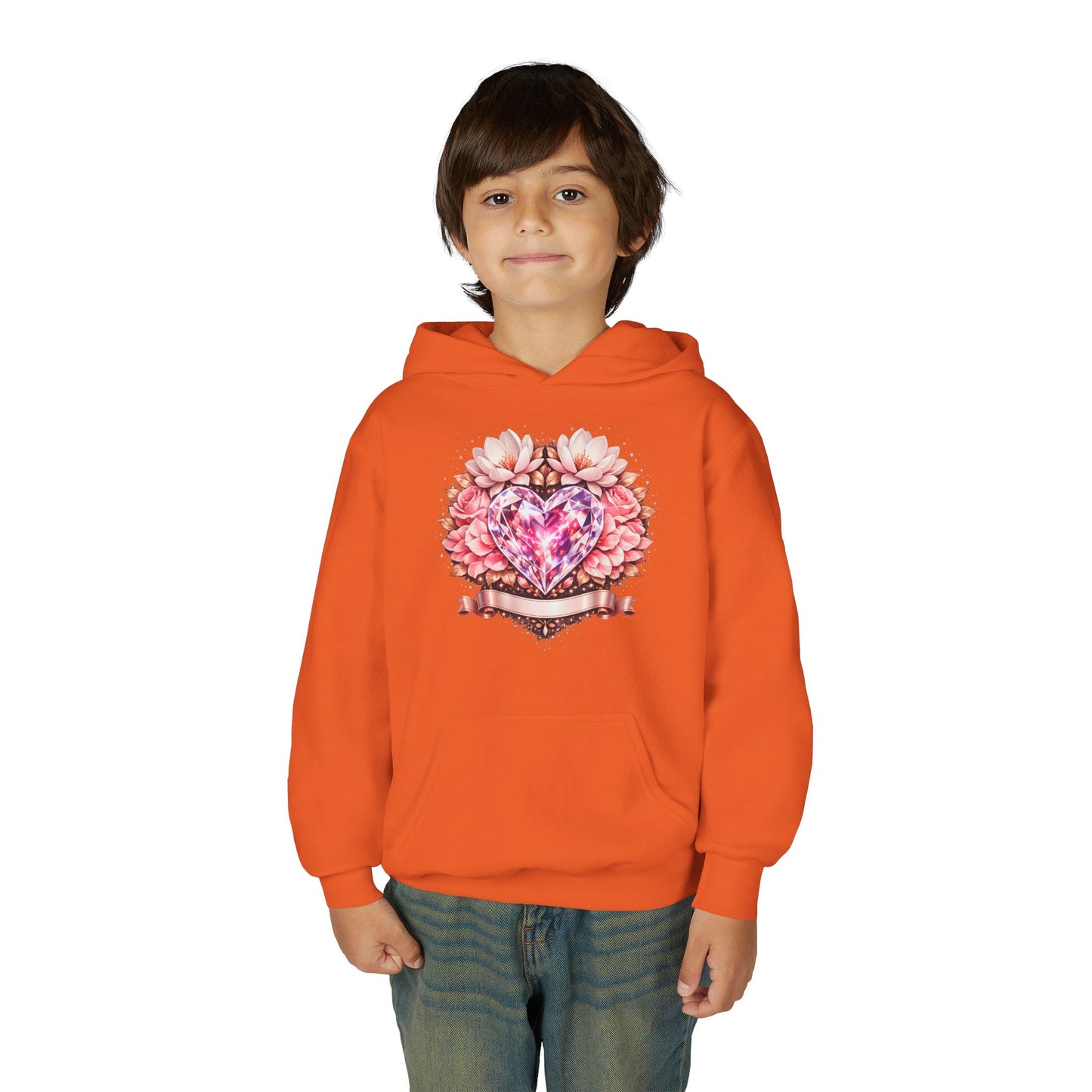Youth Heart Gem Hoodie — Pink Floral Heart Graphic Sweatshirt