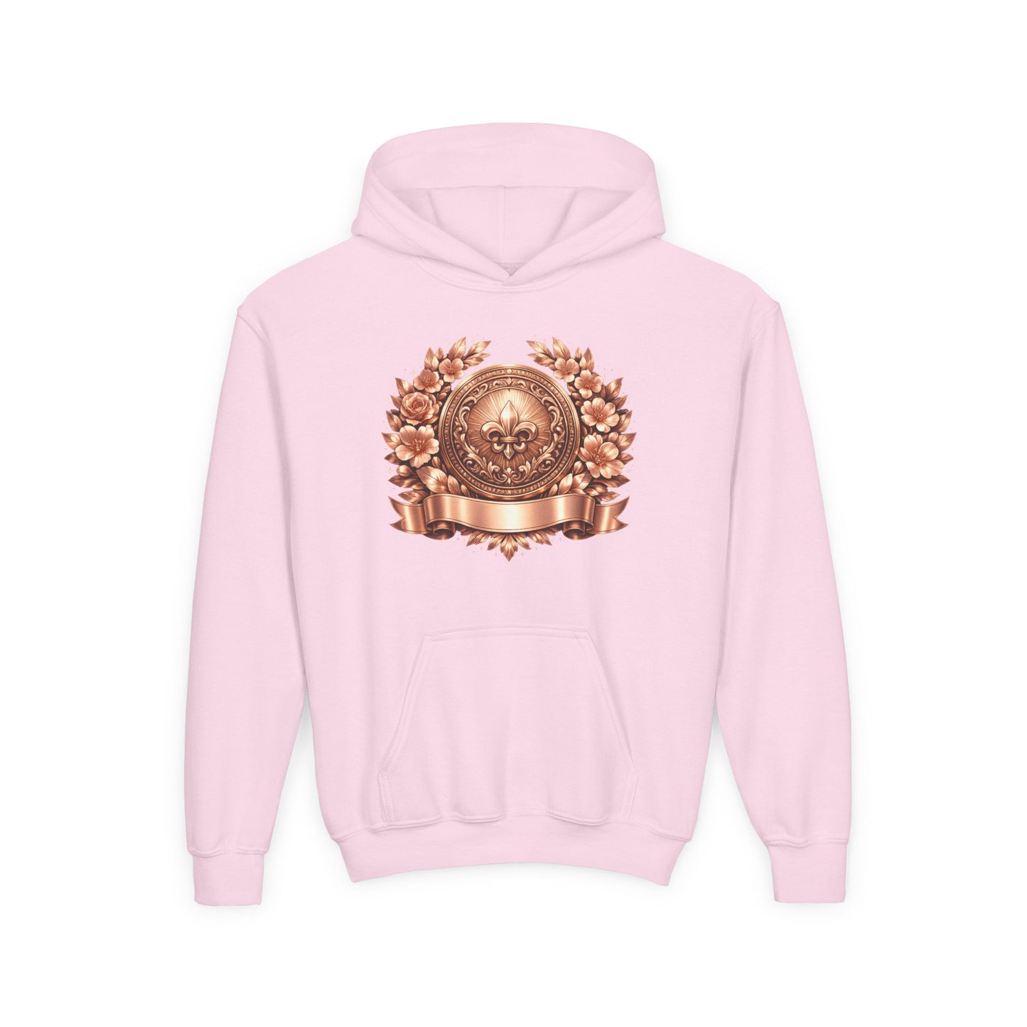 Youth Hoodie — Vintage Bronze Crest Floral Emblem