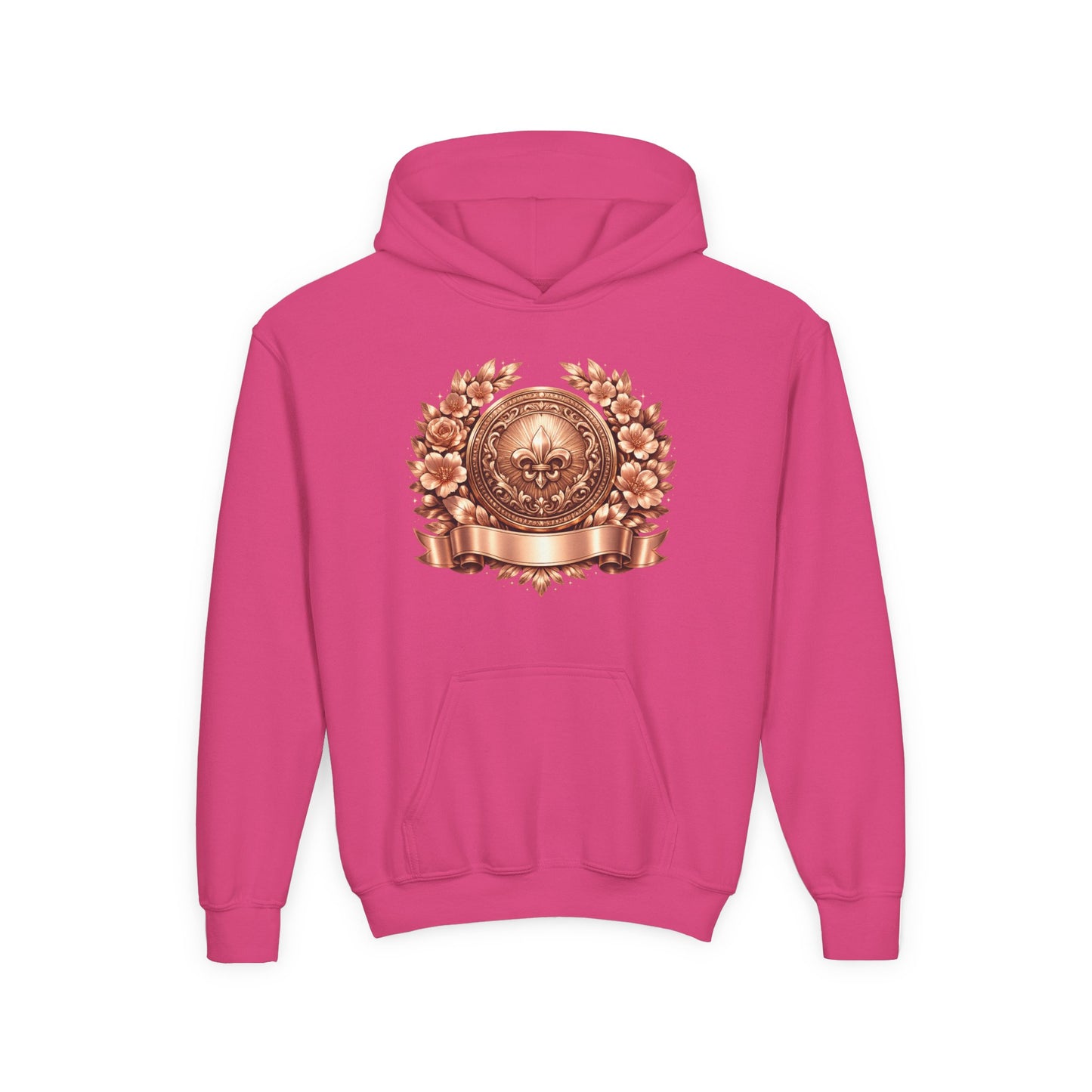 Youth Hoodie — Vintage Bronze Crest Floral Emblem