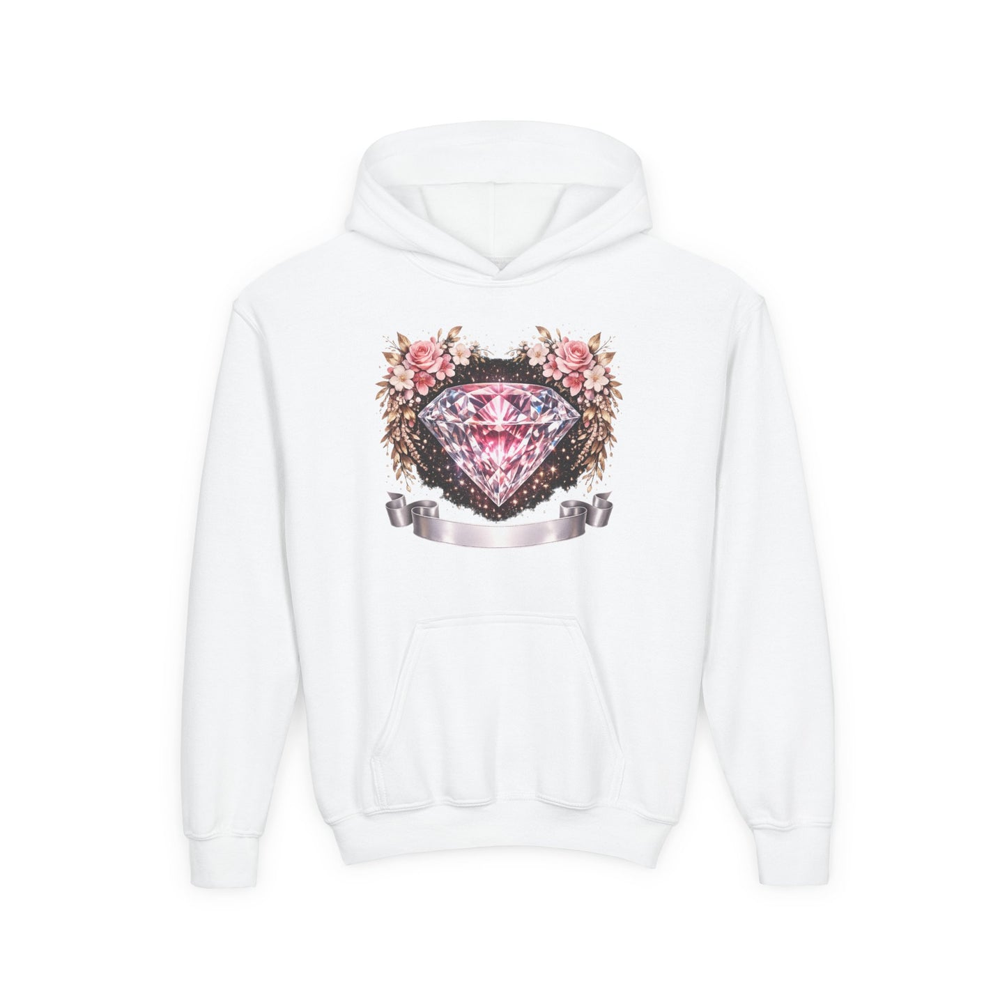 Youth Diamond Floral Hoodie — Pink Gem Crest Sweatshirt for Girls