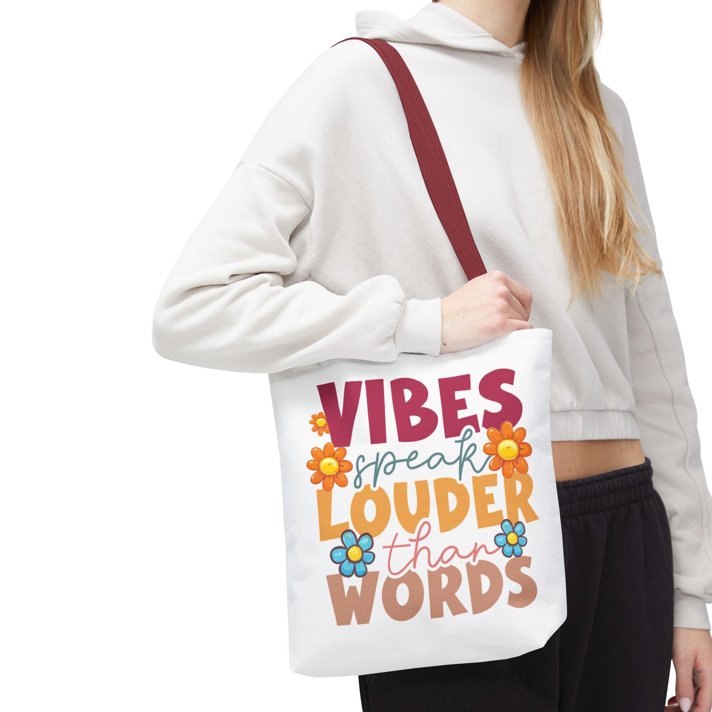Vibes Speak Louder Than Words Tote | Retro Flower Typography