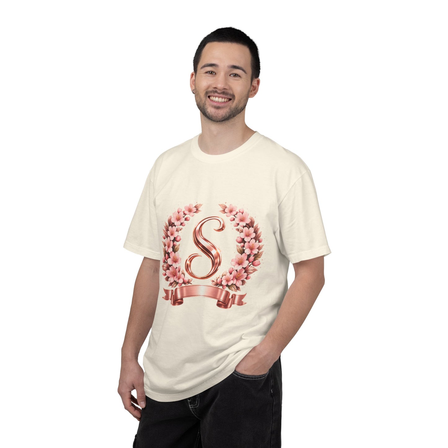 Floral Monogram 'S' T-Shirt — Rose Gold Wreath Tee