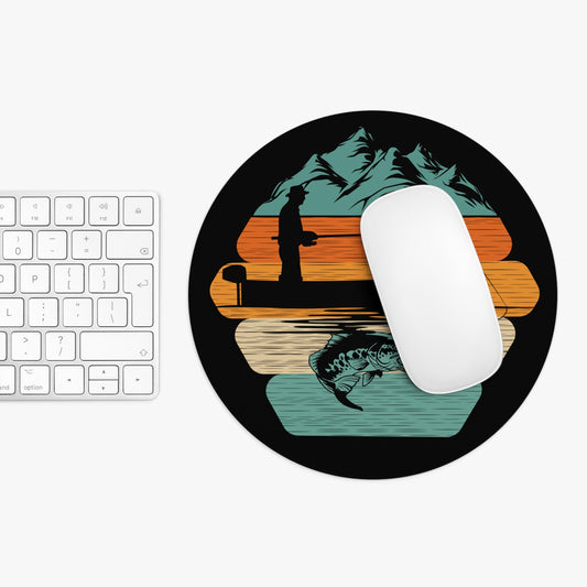 Retro Fishing Scene Mouse Pad | Bass Catch, Boat, Mountains