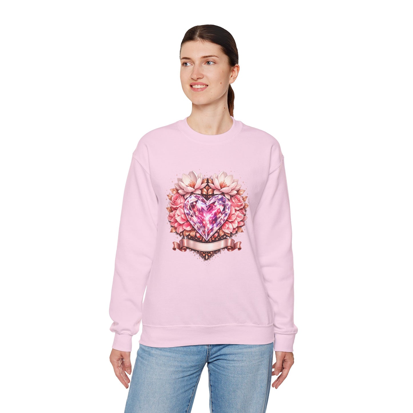 Crewneck Sweatshirt — Pink Gem Heart Floral Design