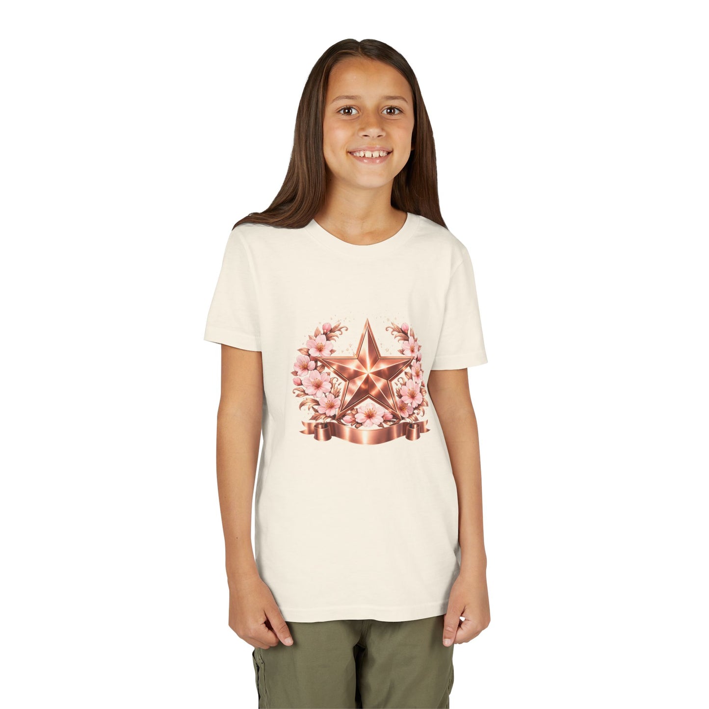 Youth Tee — Rose Gold Star with Cherry Blossom Wreath