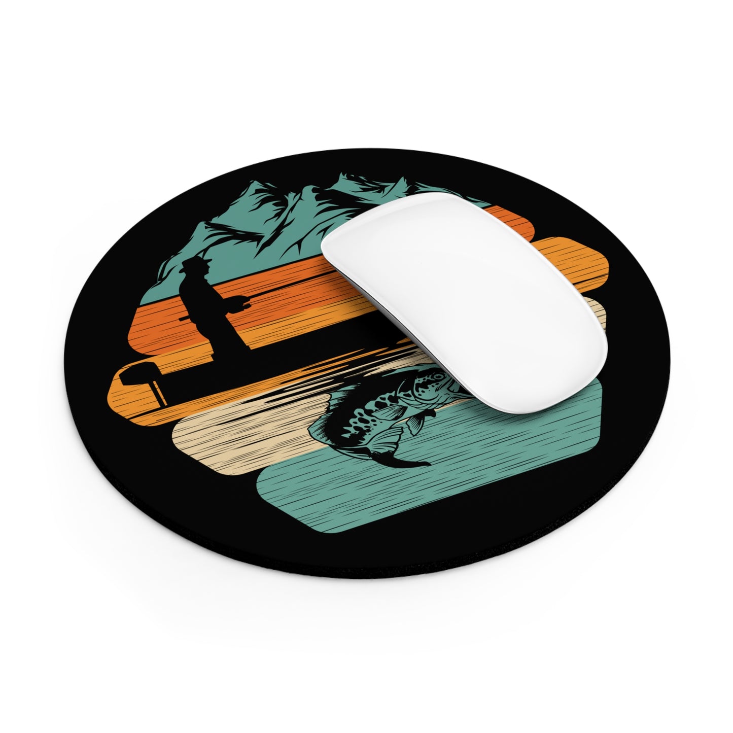 Retro Fishing Scene Mouse Pad | Bass Catch, Boat, Mountains