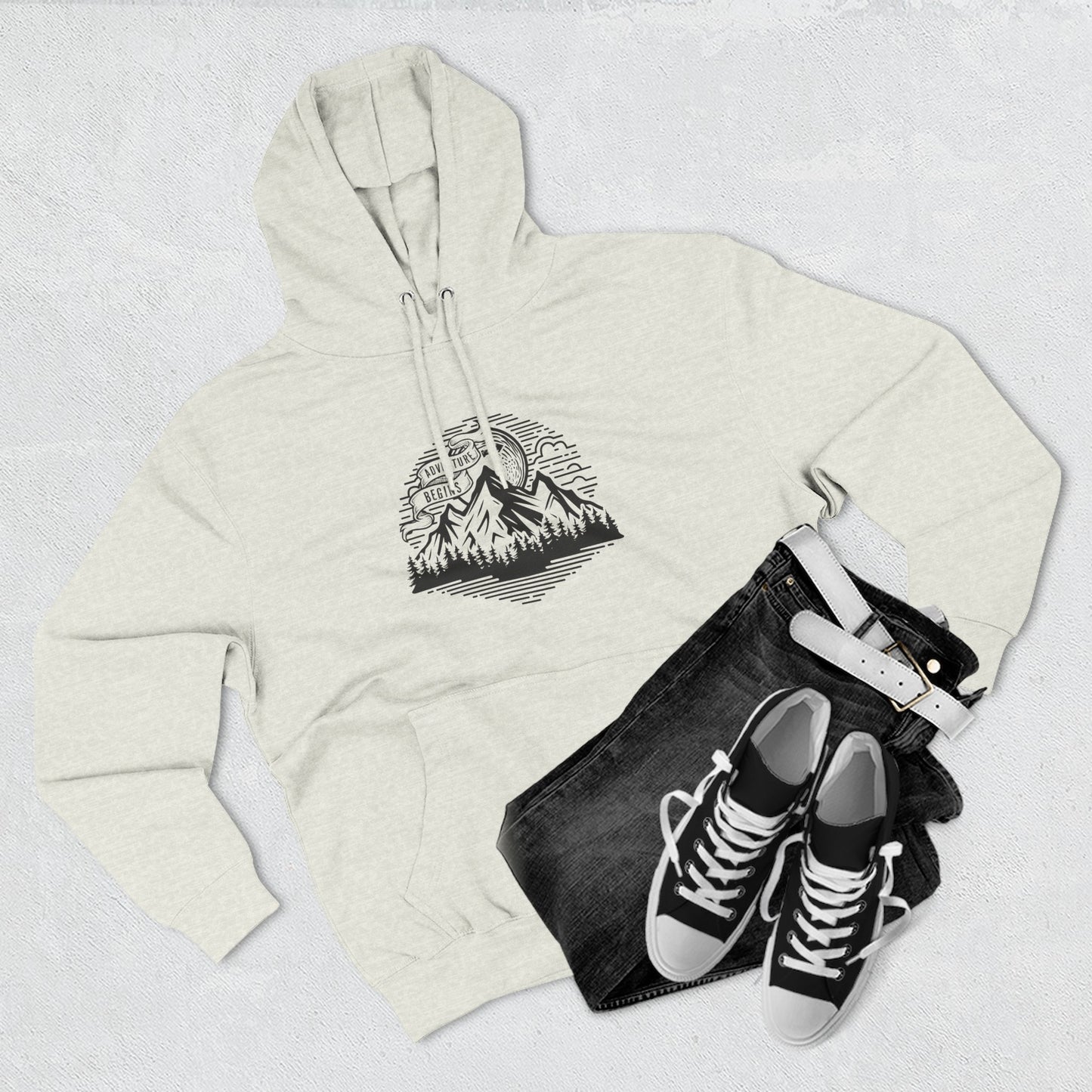 Mountain Adventure Hoodie — Vintage Line Art Peaks & Forest Pullover