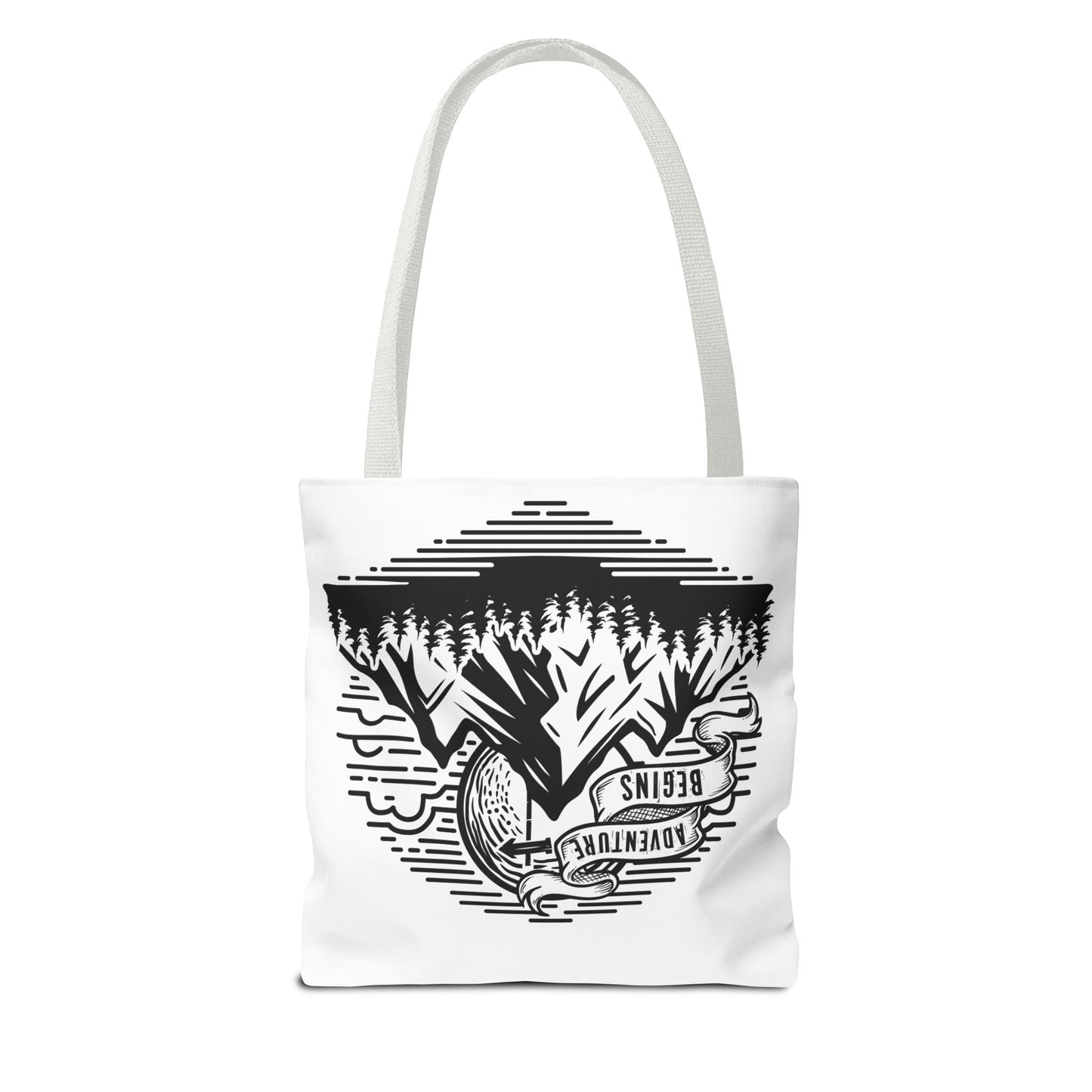 Adventure Begins mountain scene Tote Bag | nature, camping, vintage badge