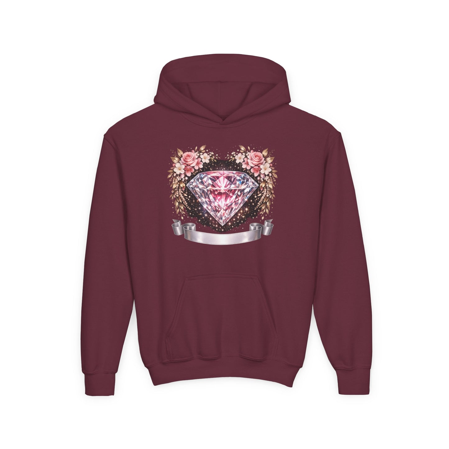 Youth Diamond Floral Hoodie — Pink Gem Crest Sweatshirt for Girls