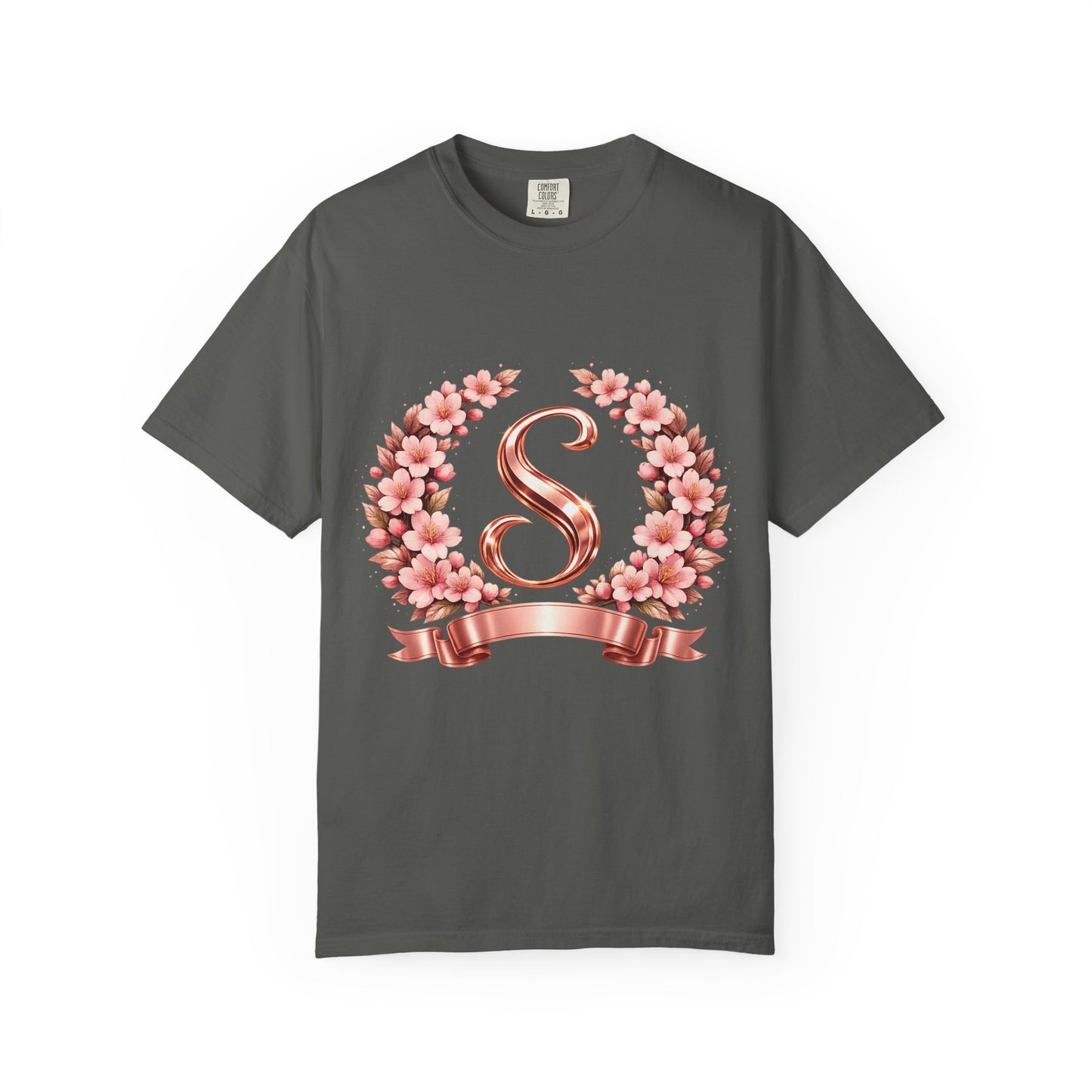 Floral Monogram 'S' T-Shirt — Rose Gold Wreath Tee