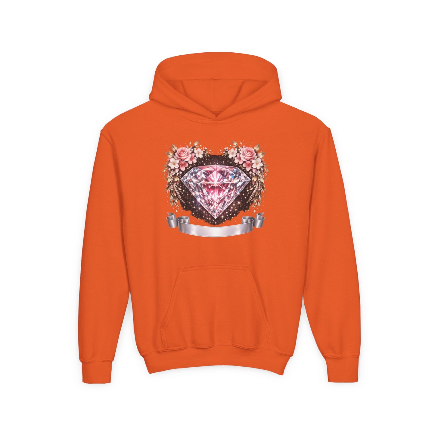 Youth Diamond Floral Hoodie — Pink Gem Crest Sweatshirt for Girls