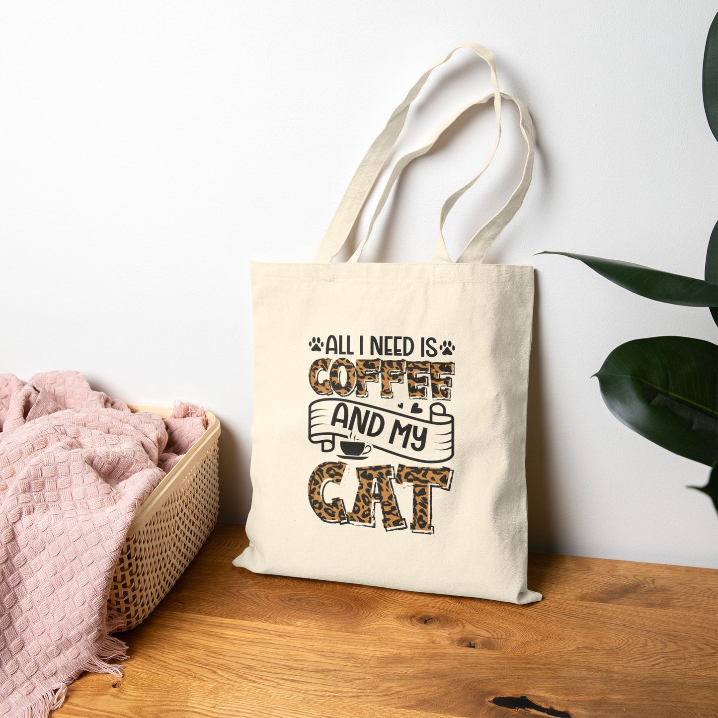 All I Need Is Coffee and My Cat Tote Bag | Leopard Print Cat Quote