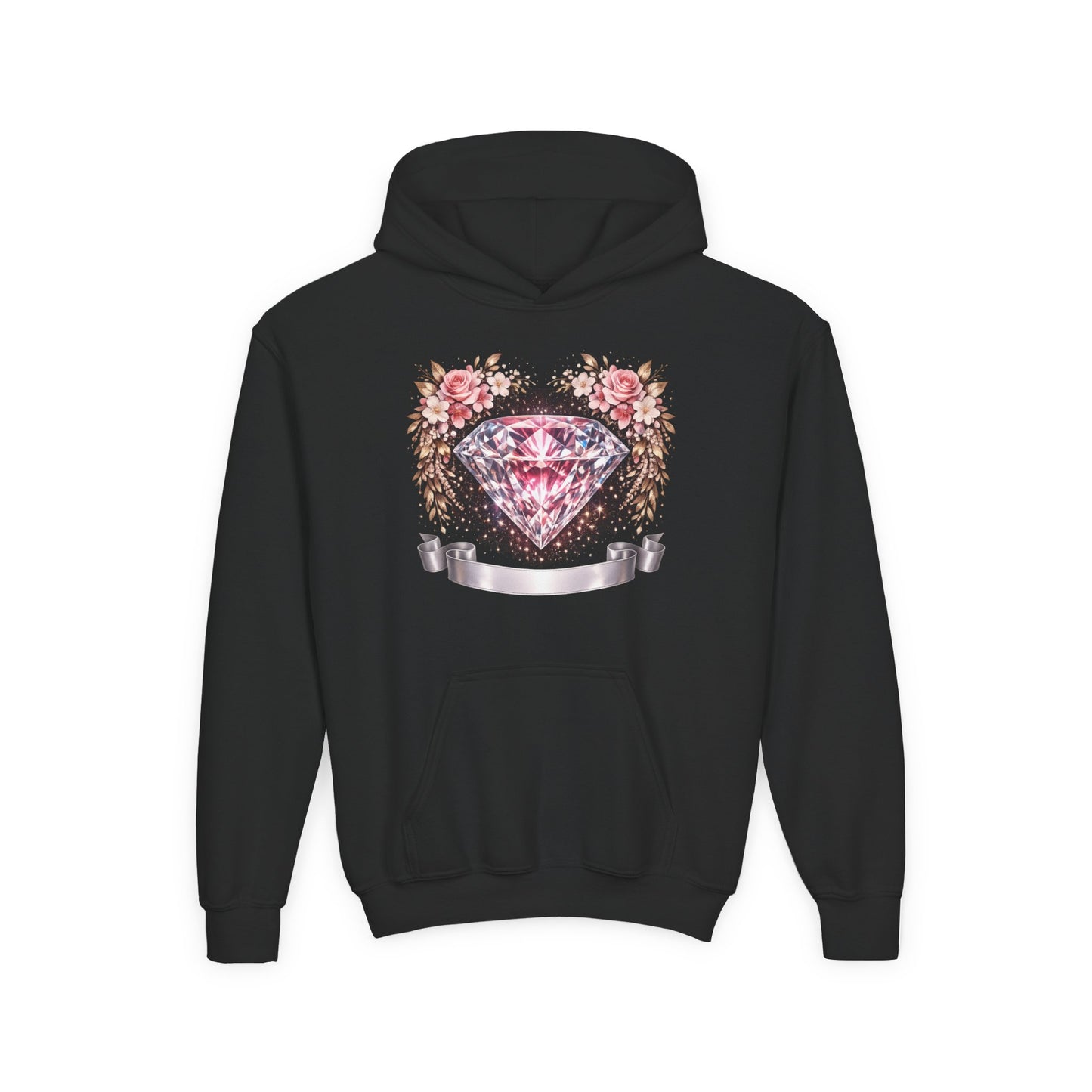 Youth Diamond Floral Hoodie — Pink Gem Crest Sweatshirt for Girls