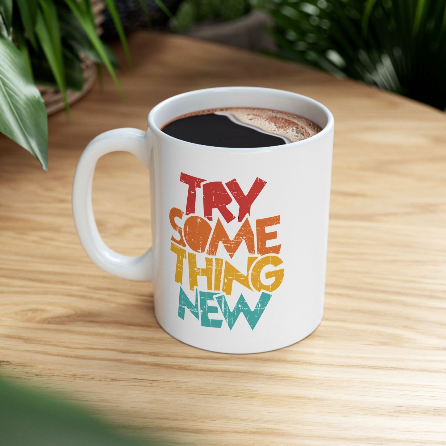 Retro Rainbow Text Mug | Colorful Stacked Phrase Ceramic Mug