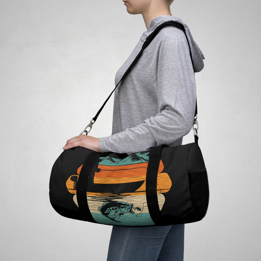 Retro Fishing Scene Duffel Bag | Vintage Boat Bass Graphic