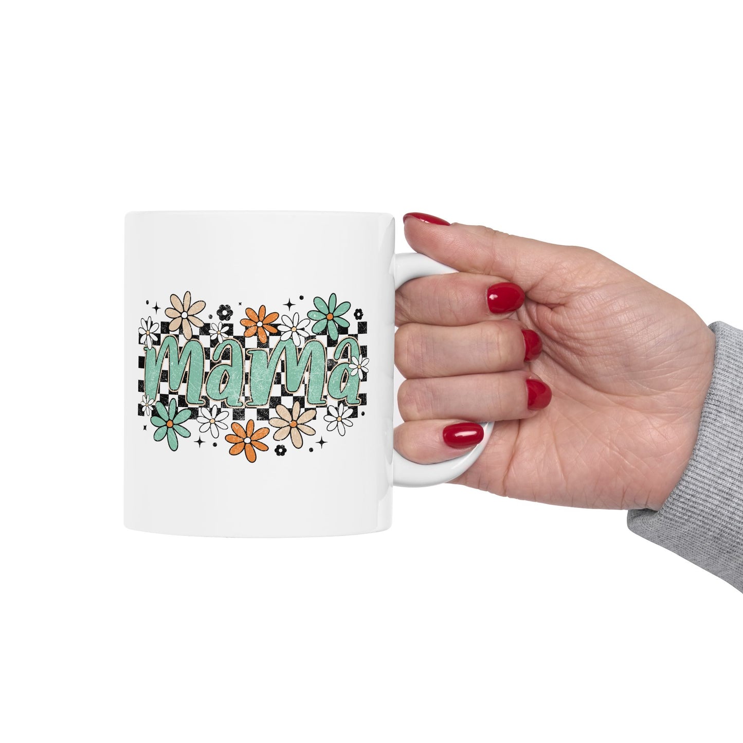 Mama floral checkerboard Mug | Mom coffee cup, teal daisy design