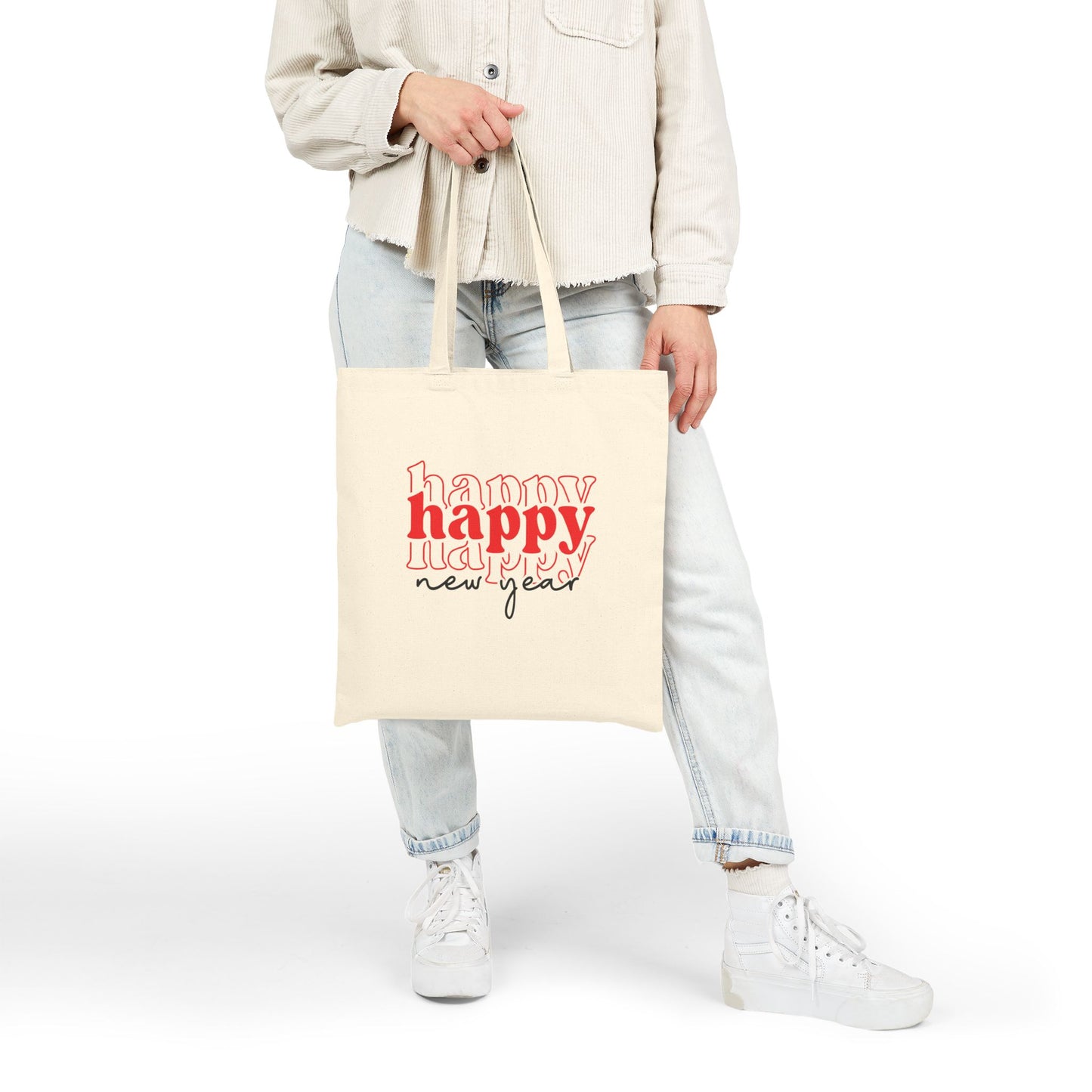Happy New Year typography Tote Bag | festive holiday canvas tote