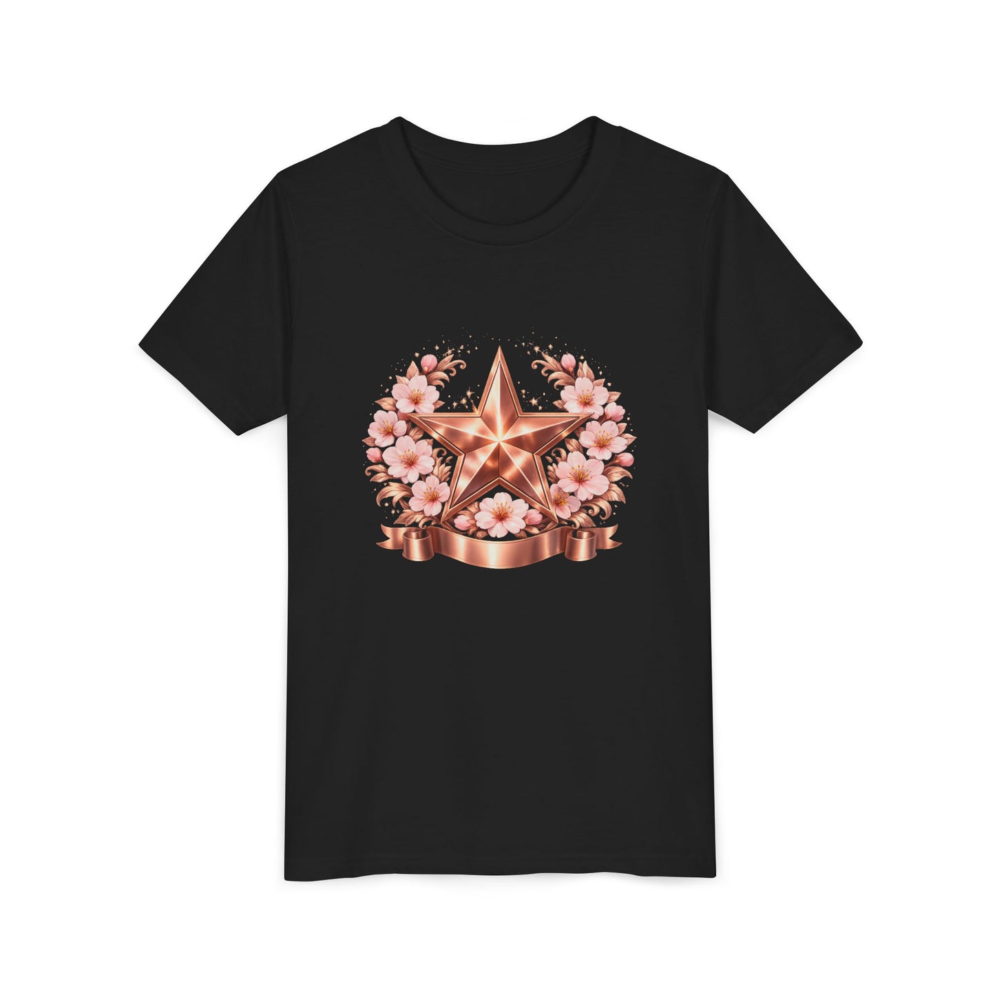 Youth Tee — Rose Gold Star with Cherry Blossom Wreath