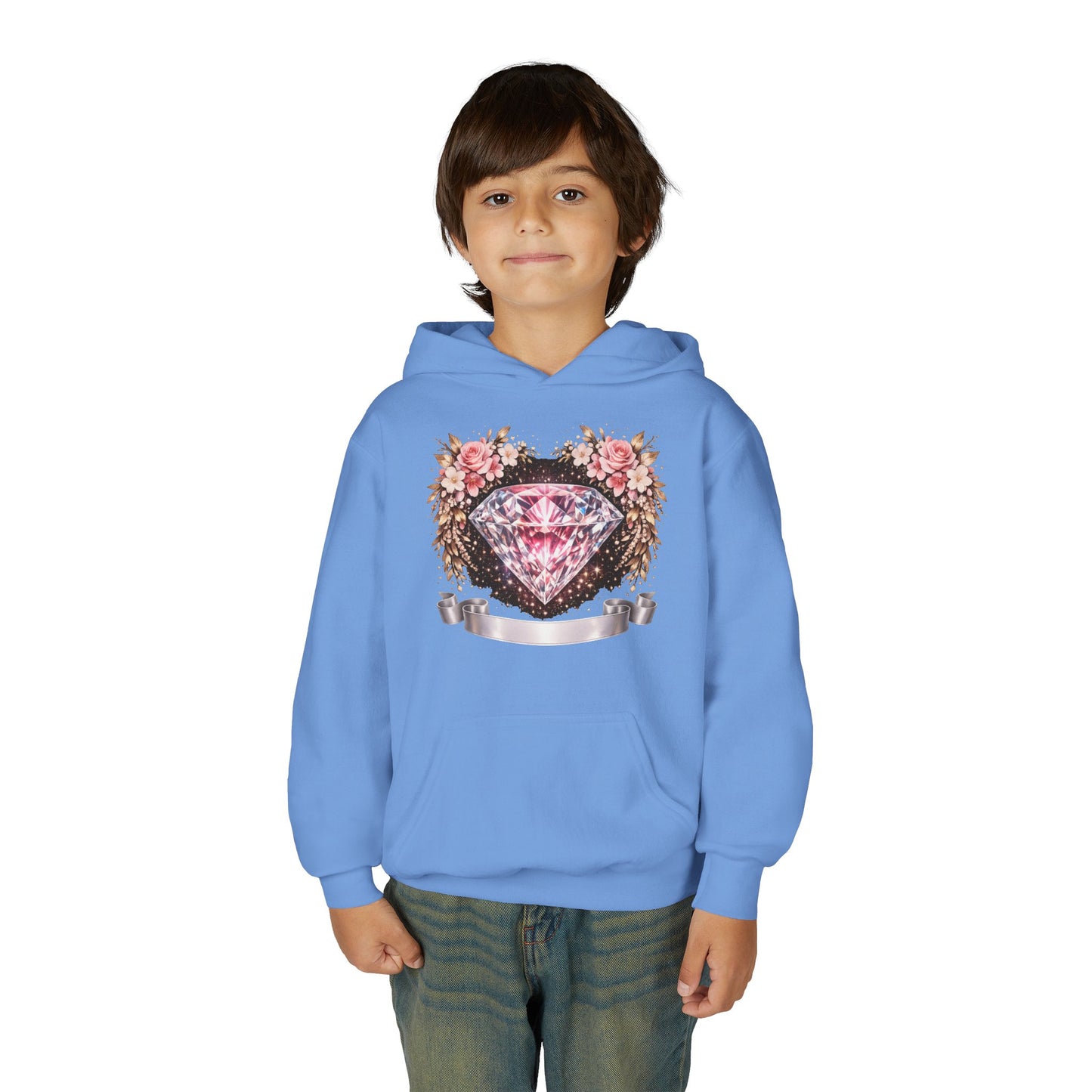 Youth Diamond Floral Hoodie — Pink Gem Crest Sweatshirt for Girls