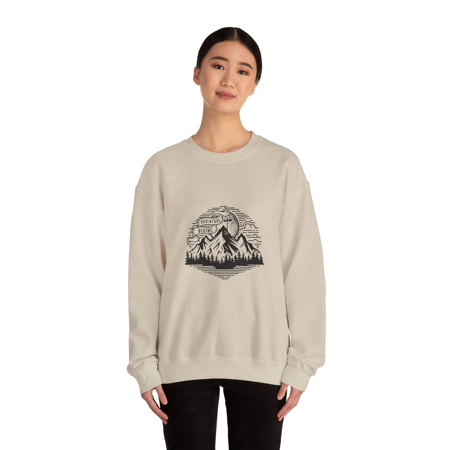 Mountain Landscape Illustration Sweatshirt | Scenic Peaks, Pine Forest, Outdoor Adventure