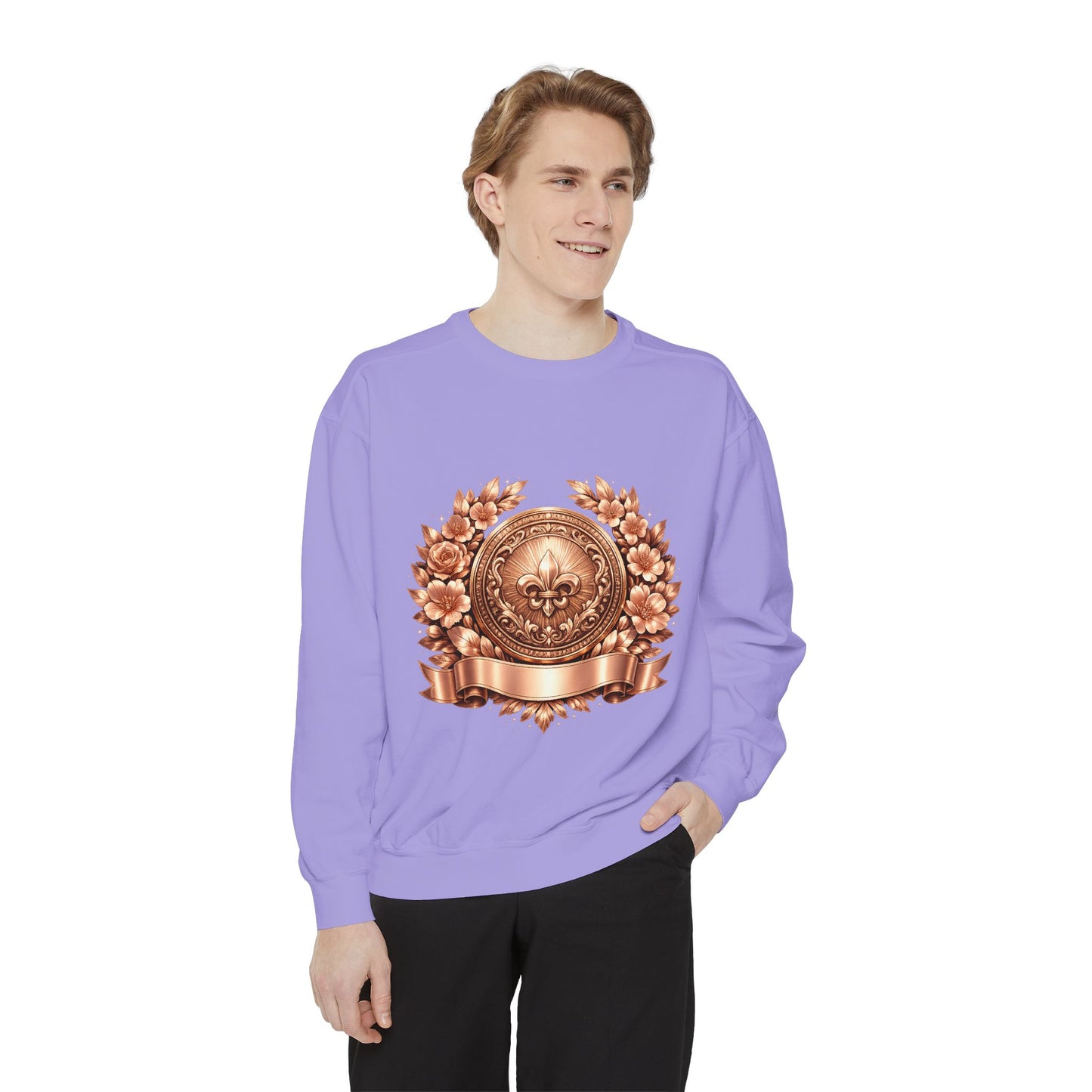 Vintage Bronze Crest Sweatshirt — Fleur-de-Lis Laurel Medallion