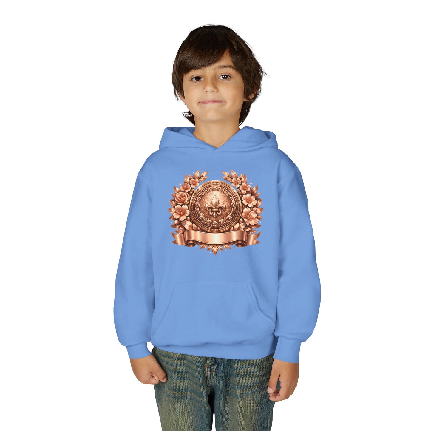 Youth Hoodie — Vintage Bronze Crest Floral Emblem