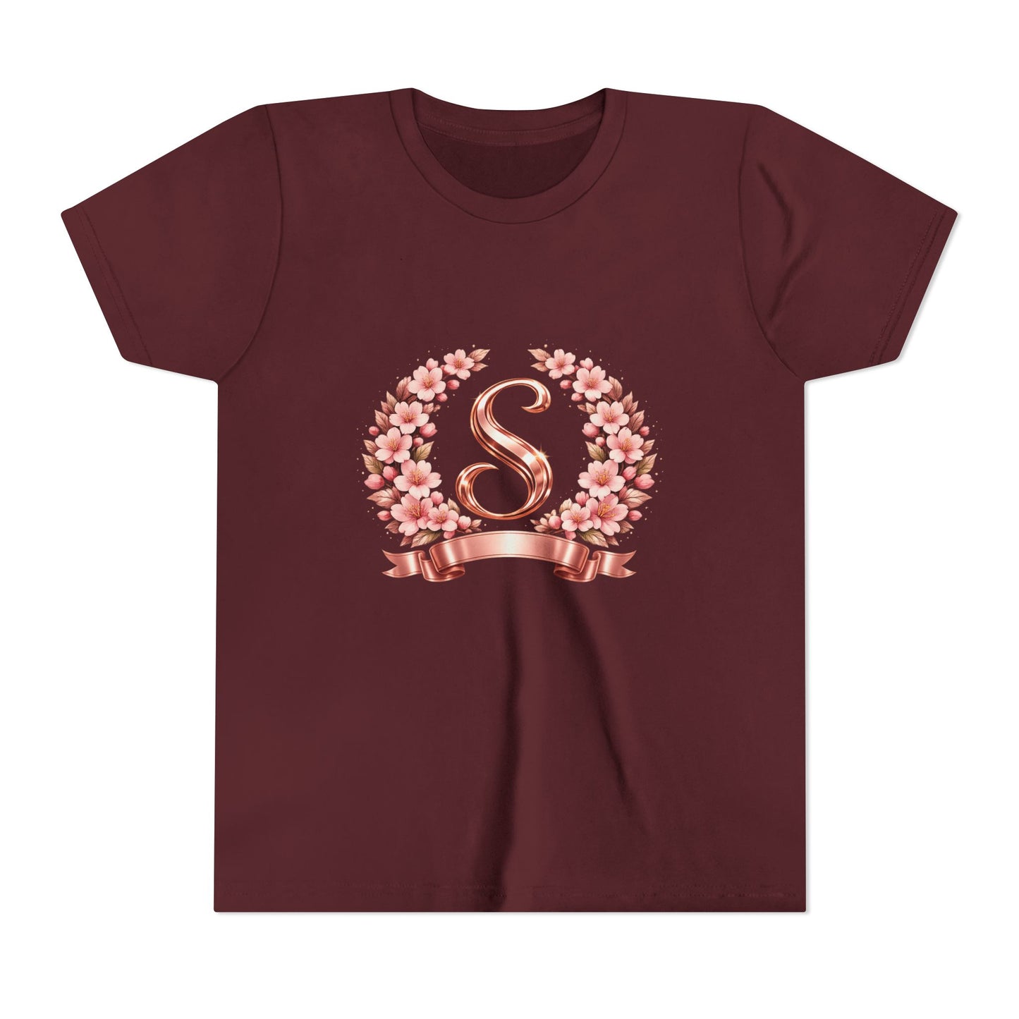 Youth Tee — Rose Gold Floral Monogram 'S' Shirt