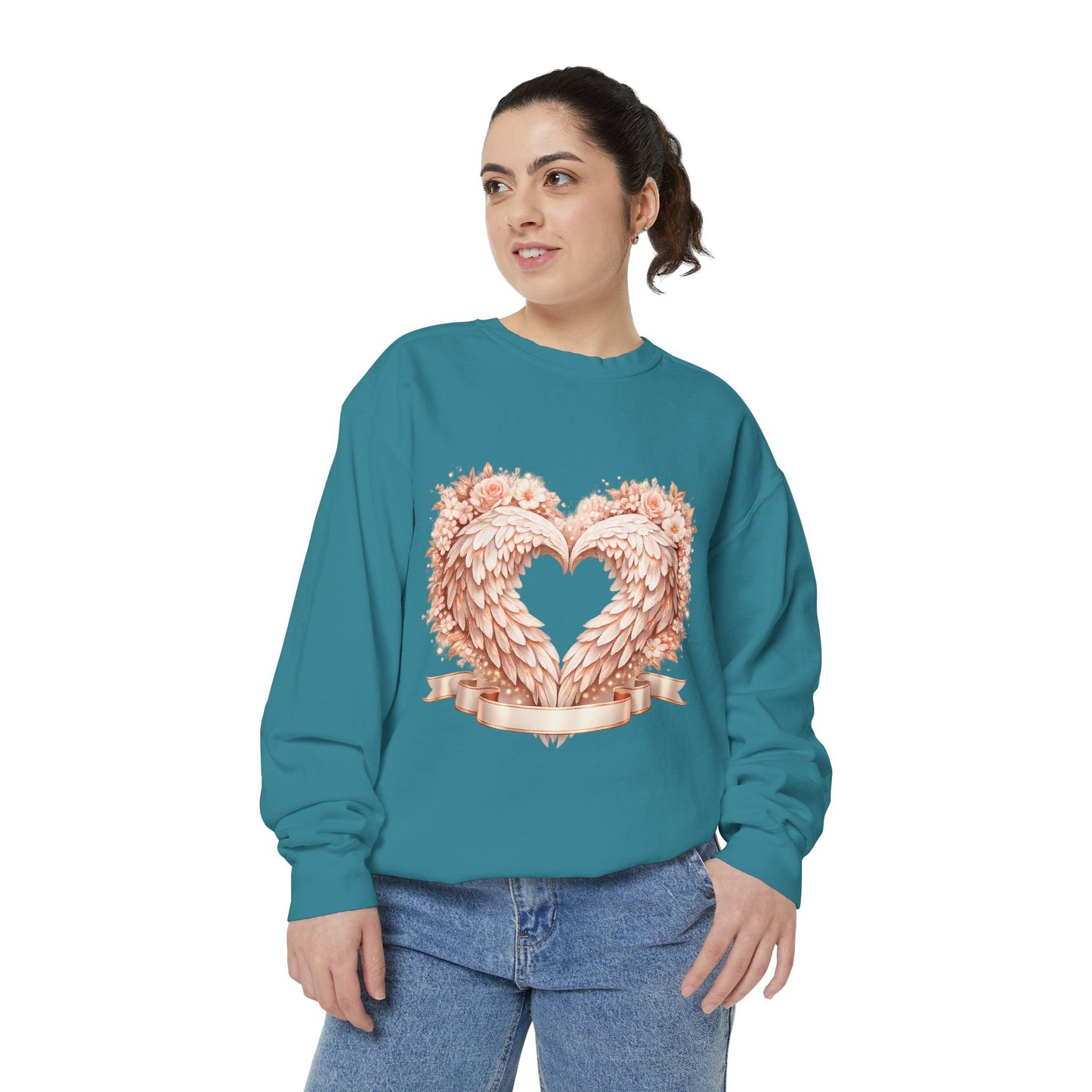 Heart Wings Sweatshirt — Rose Gold Floral Winged Heart Crewneck