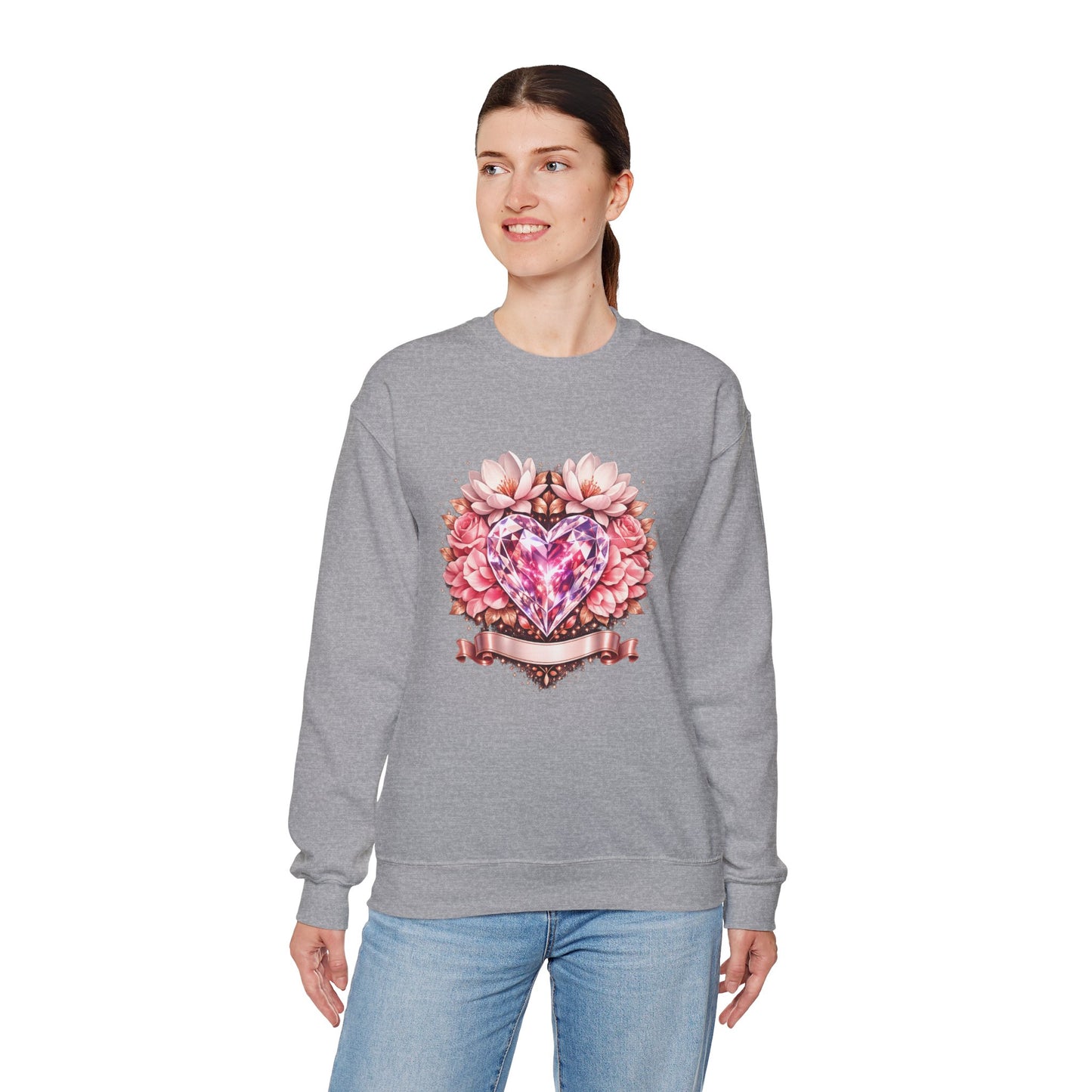 Crewneck Sweatshirt — Pink Gem Heart Floral Design