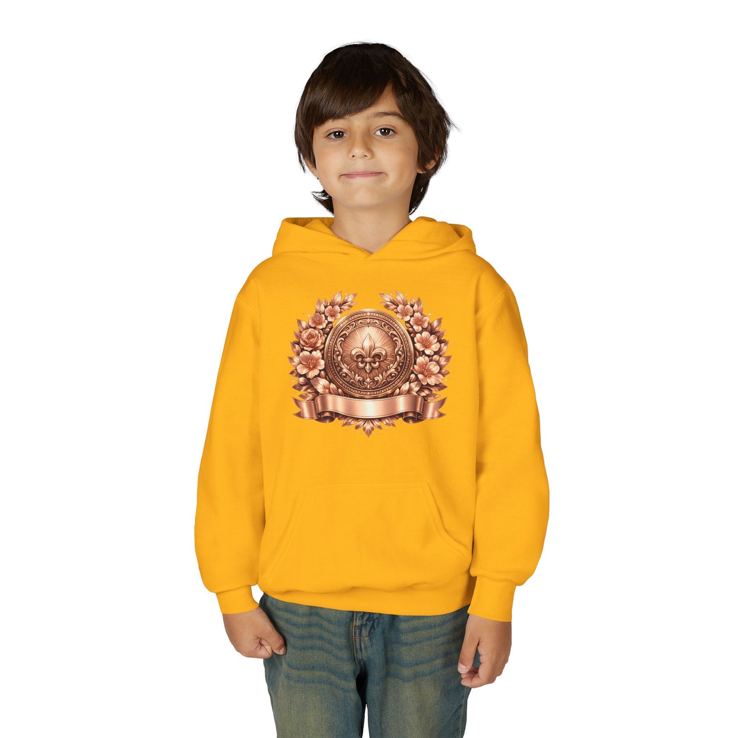 Youth Hoodie — Vintage Bronze Crest Floral Emblem