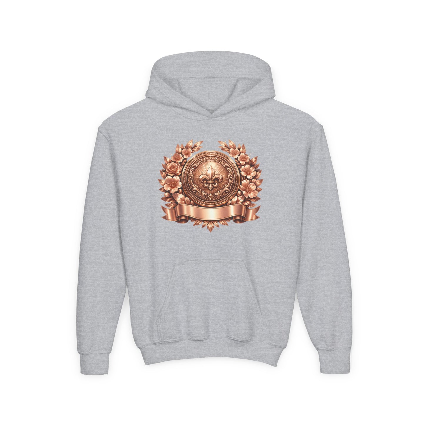 Youth Hoodie — Vintage Bronze Crest Floral Emblem