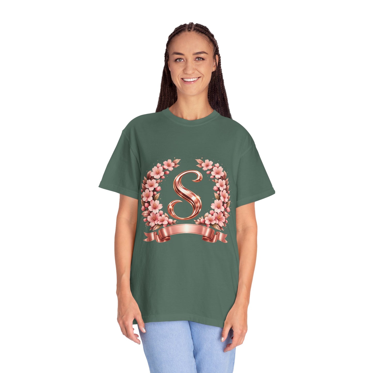 Floral Monogram 'S' T-Shirt — Rose Gold Wreath Tee