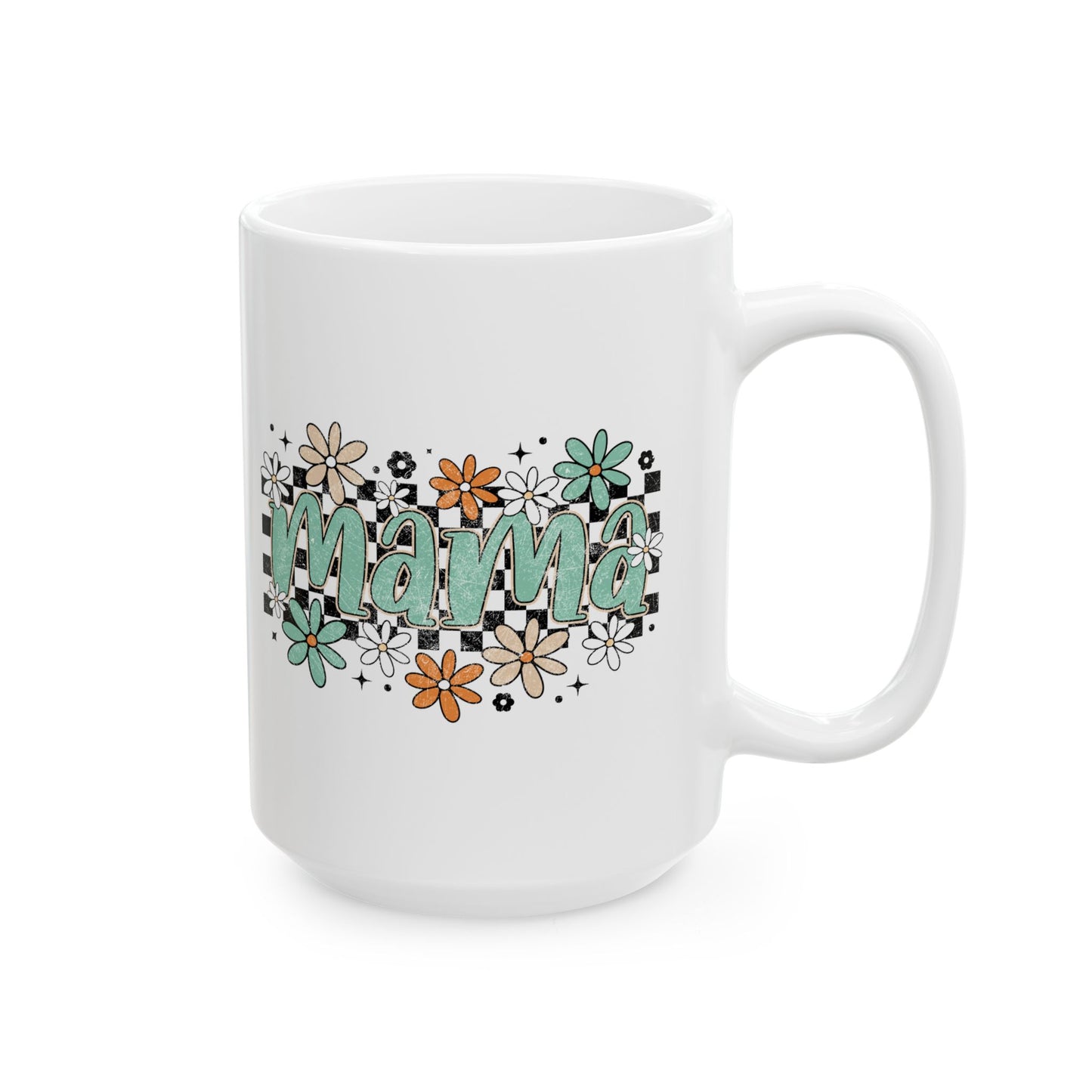 Mama floral checkerboard Mug | Mom coffee cup, teal daisy design
