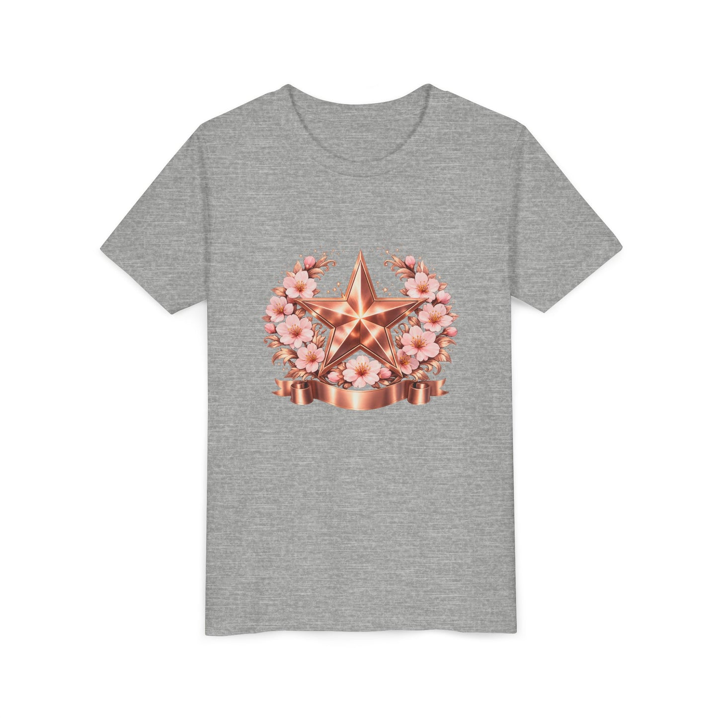 Youth Tee — Rose Gold Star with Cherry Blossom Wreath