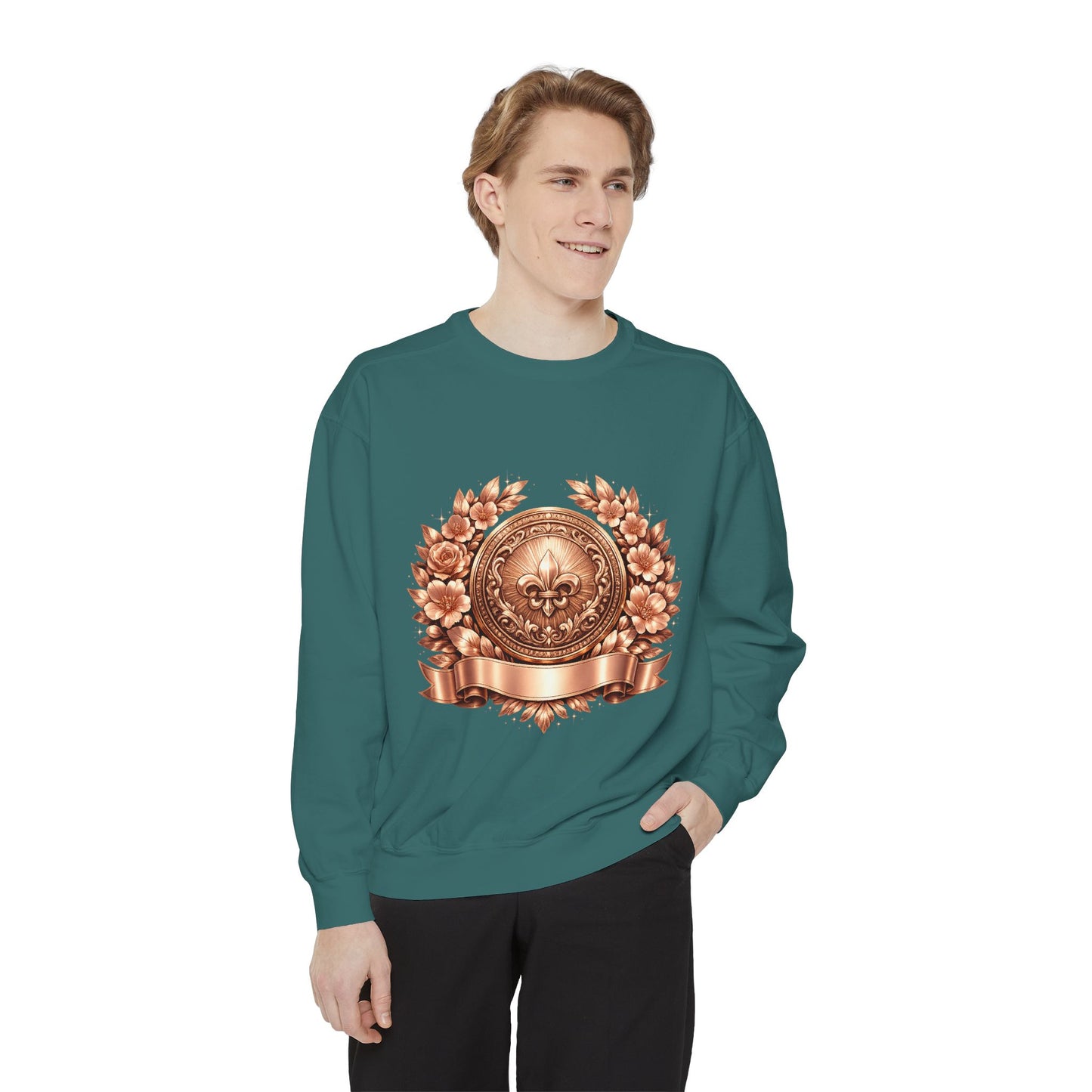 Vintage Bronze Crest Sweatshirt — Fleur-de-Lis Laurel Medallion