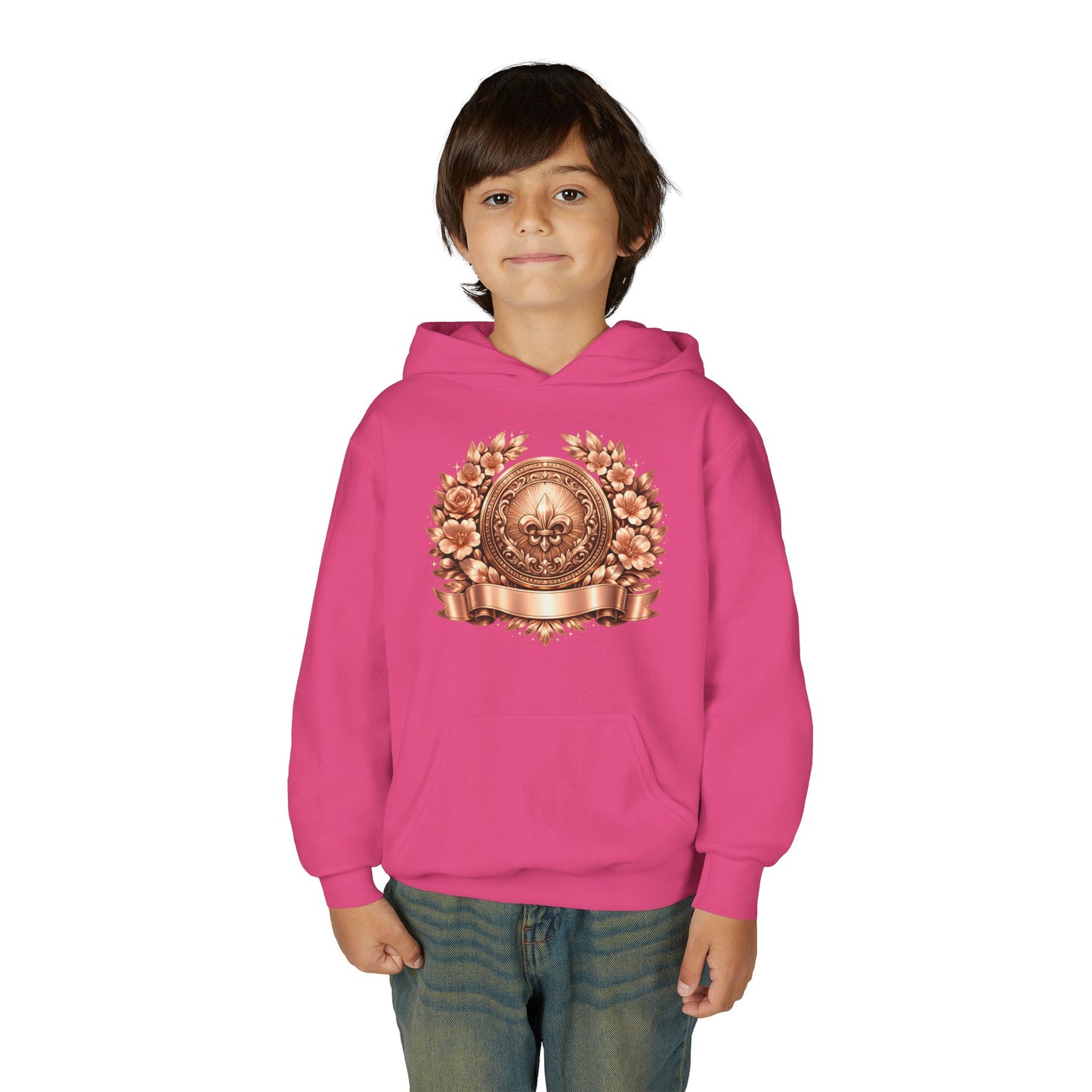 Youth Hoodie — Vintage Bronze Crest Floral Emblem