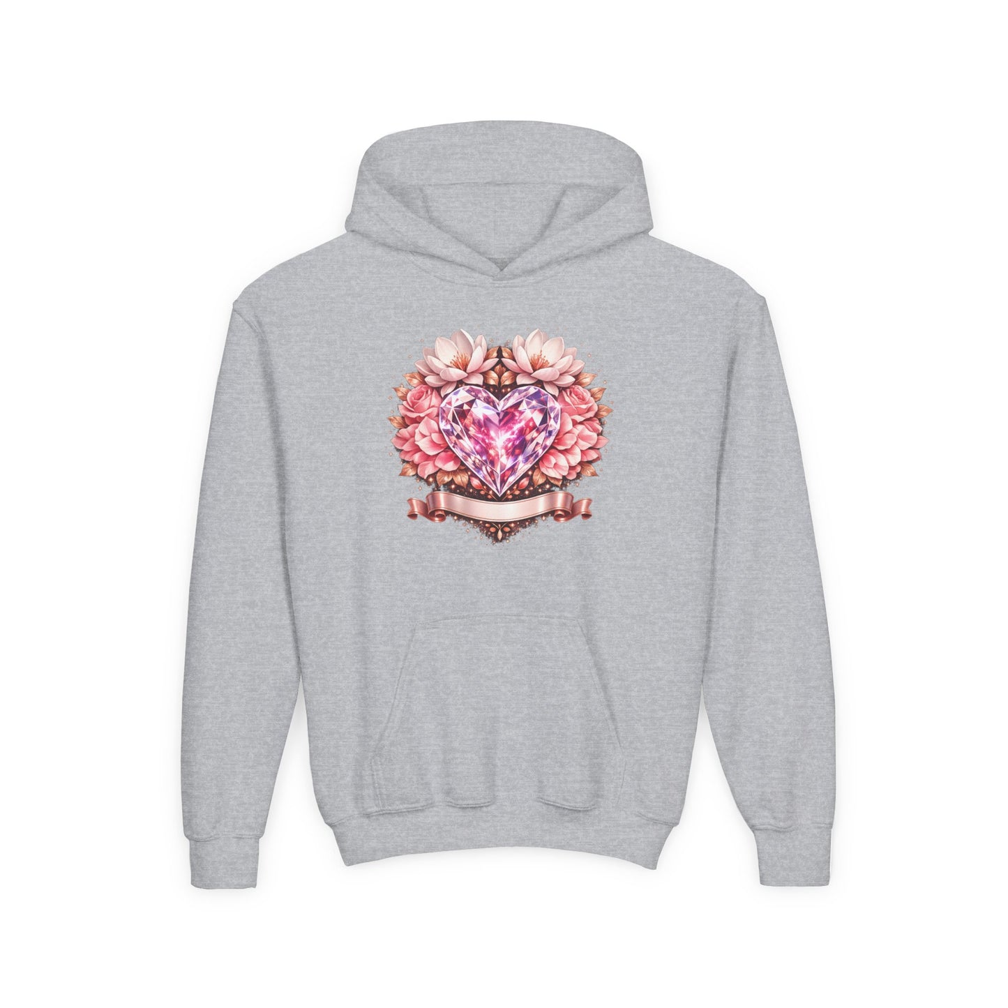 Youth Heart Gem Hoodie — Pink Floral Heart Graphic Sweatshirt