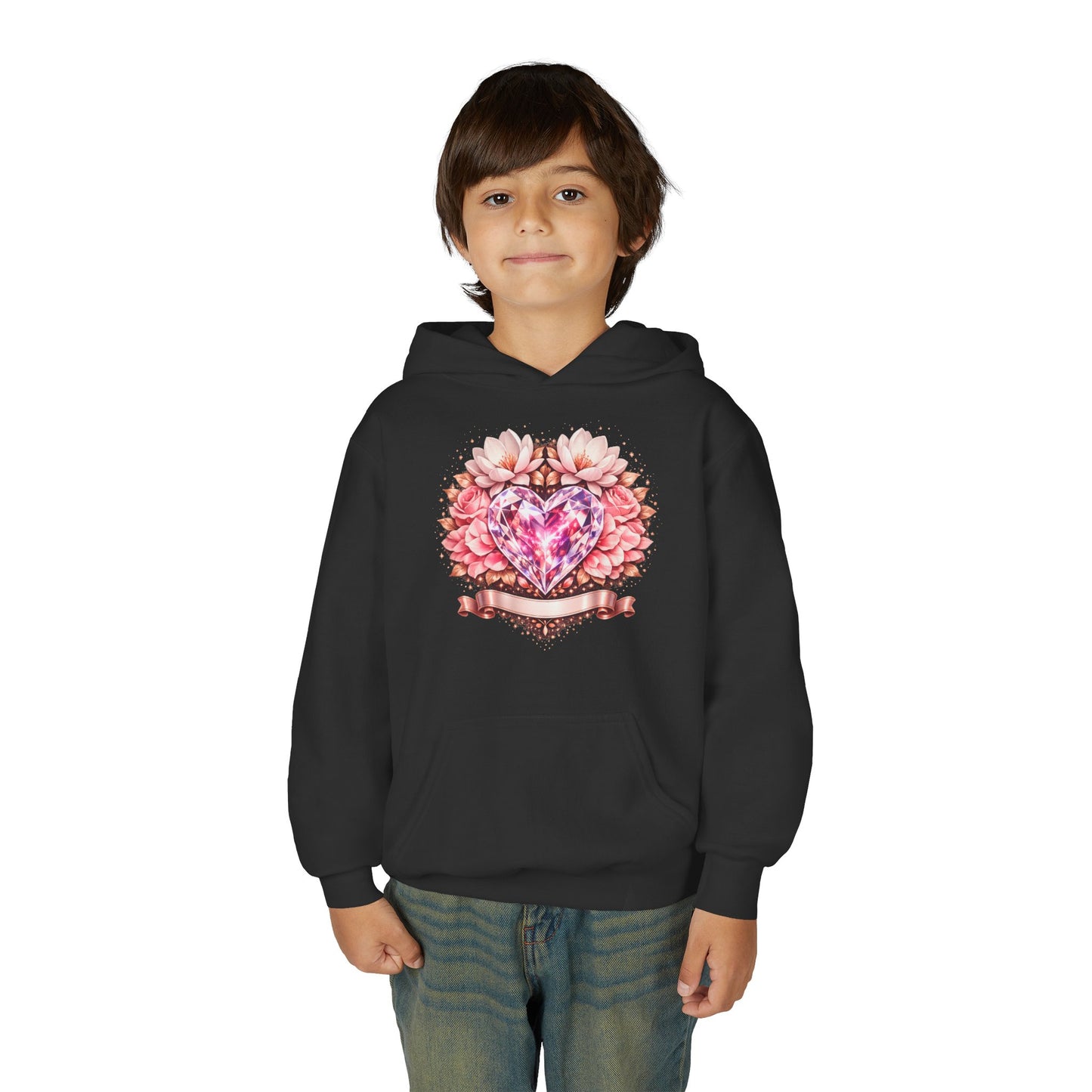 Youth Heart Gem Hoodie — Pink Floral Heart Graphic Sweatshirt