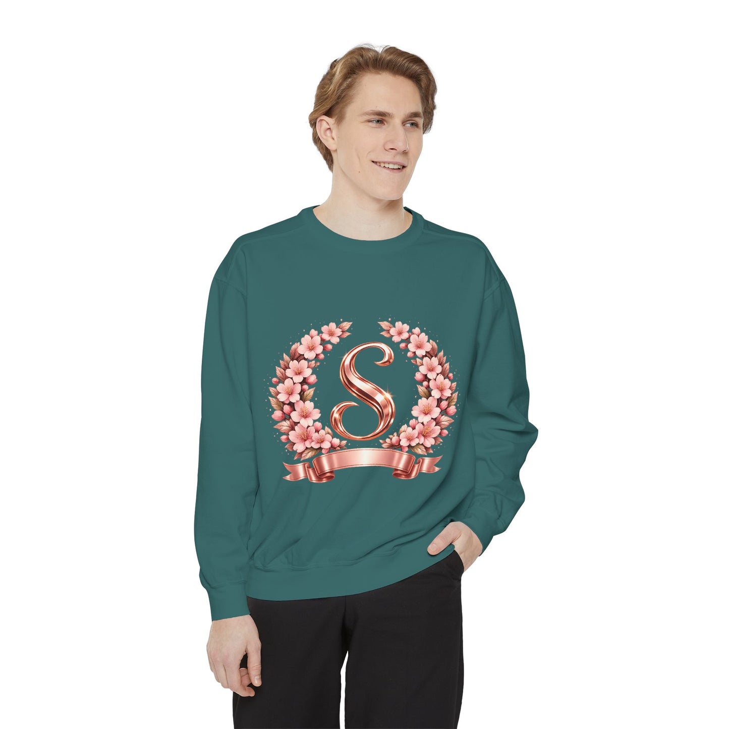 Floral Monogram 'S' Sweatshirt — Rose Gold Wreath Crewneck