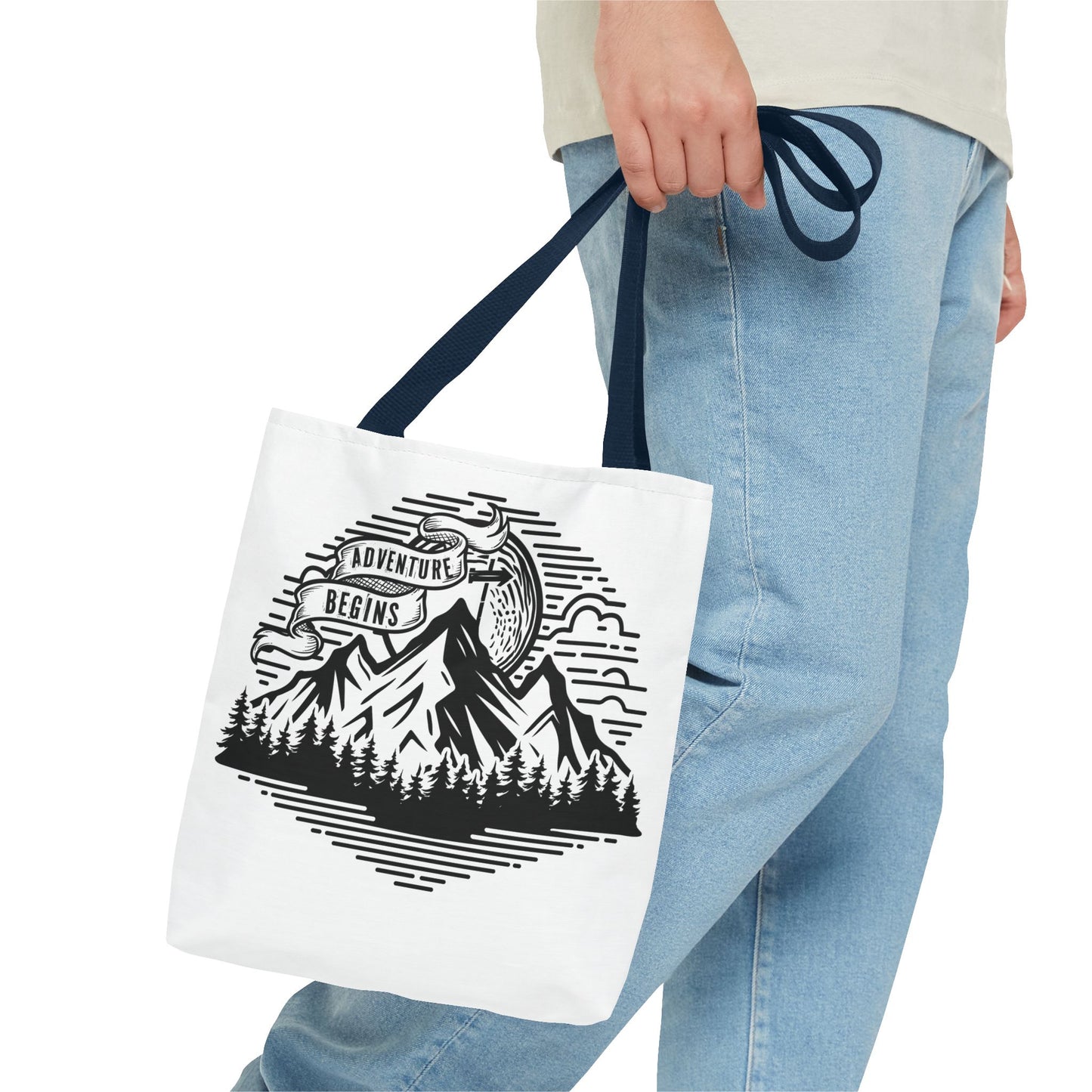 Adventure Begins mountain scene Tote Bag | nature, camping, vintage badge