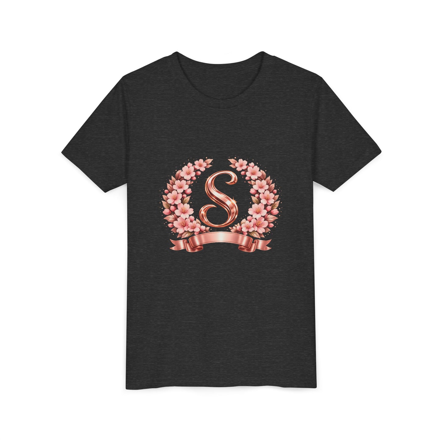 Youth Tee — Rose Gold Floral Monogram 'S' Shirt
