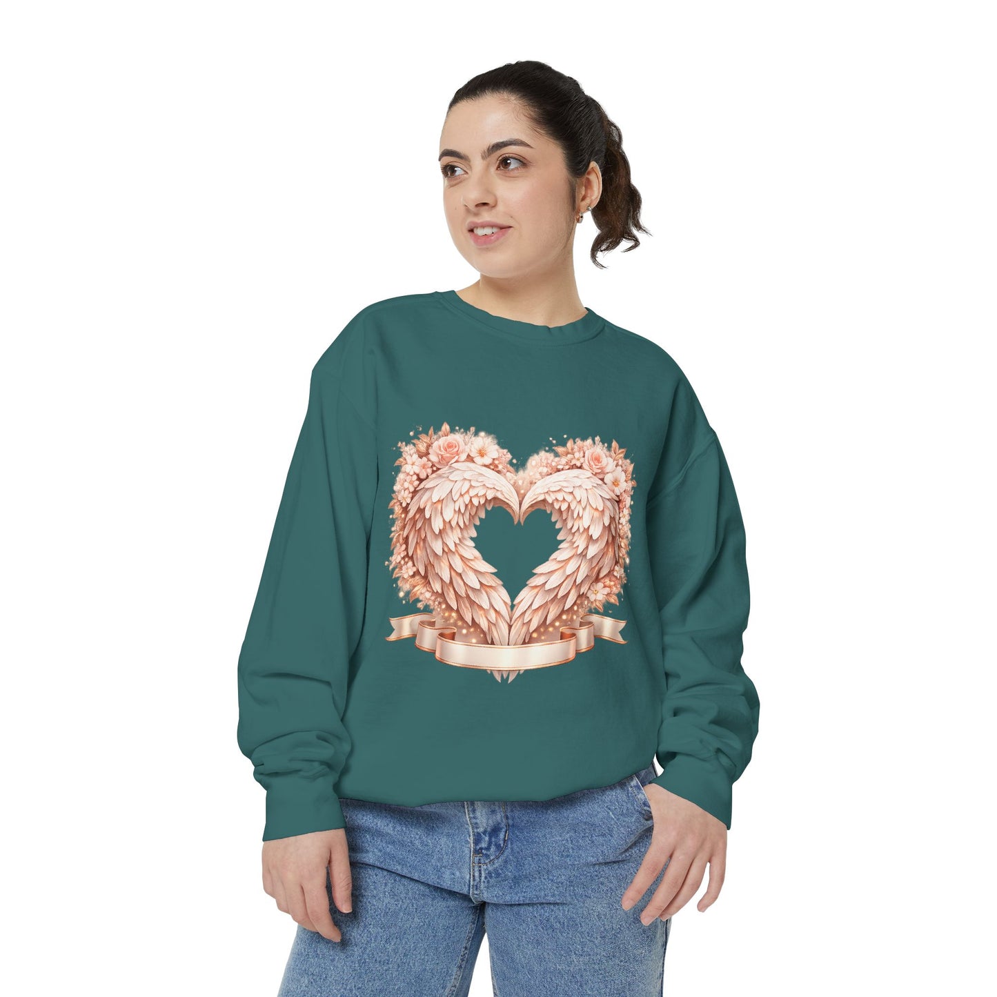 Heart Wings Sweatshirt — Rose Gold Floral Winged Heart Crewneck