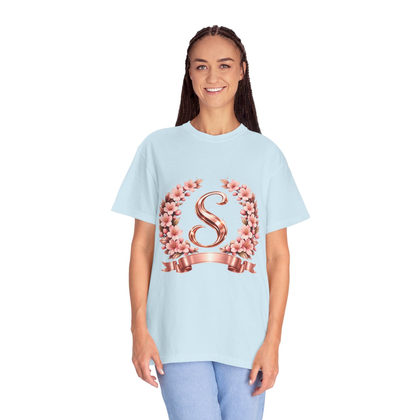 Floral Monogram 'S' T-Shirt — Rose Gold Wreath Tee