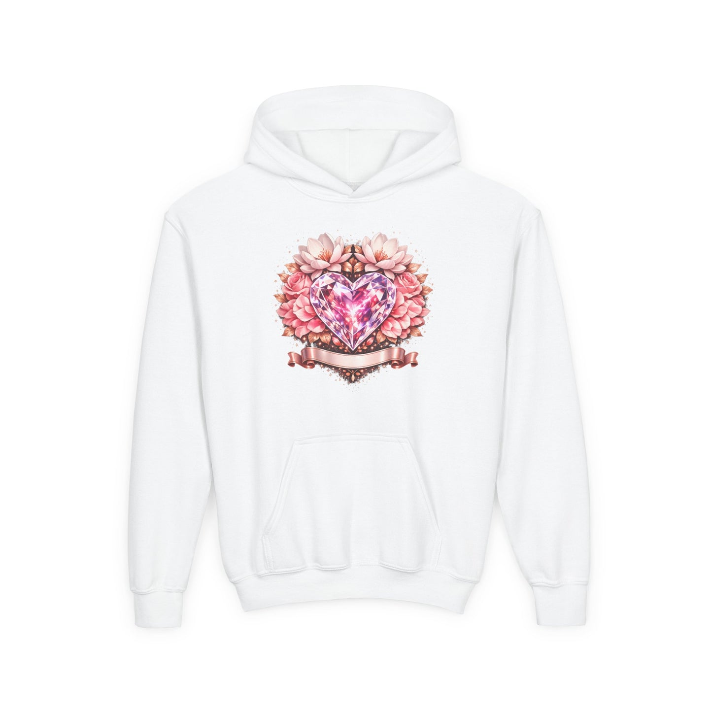 Youth Heart Gem Hoodie — Pink Floral Heart Graphic Sweatshirt
