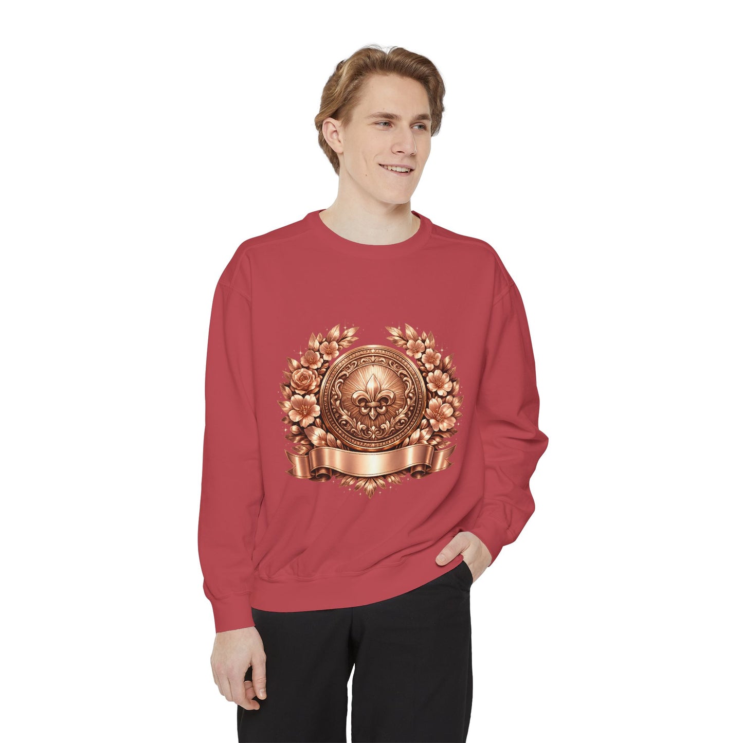 Vintage Bronze Crest Sweatshirt — Fleur-de-Lis Laurel Medallion
