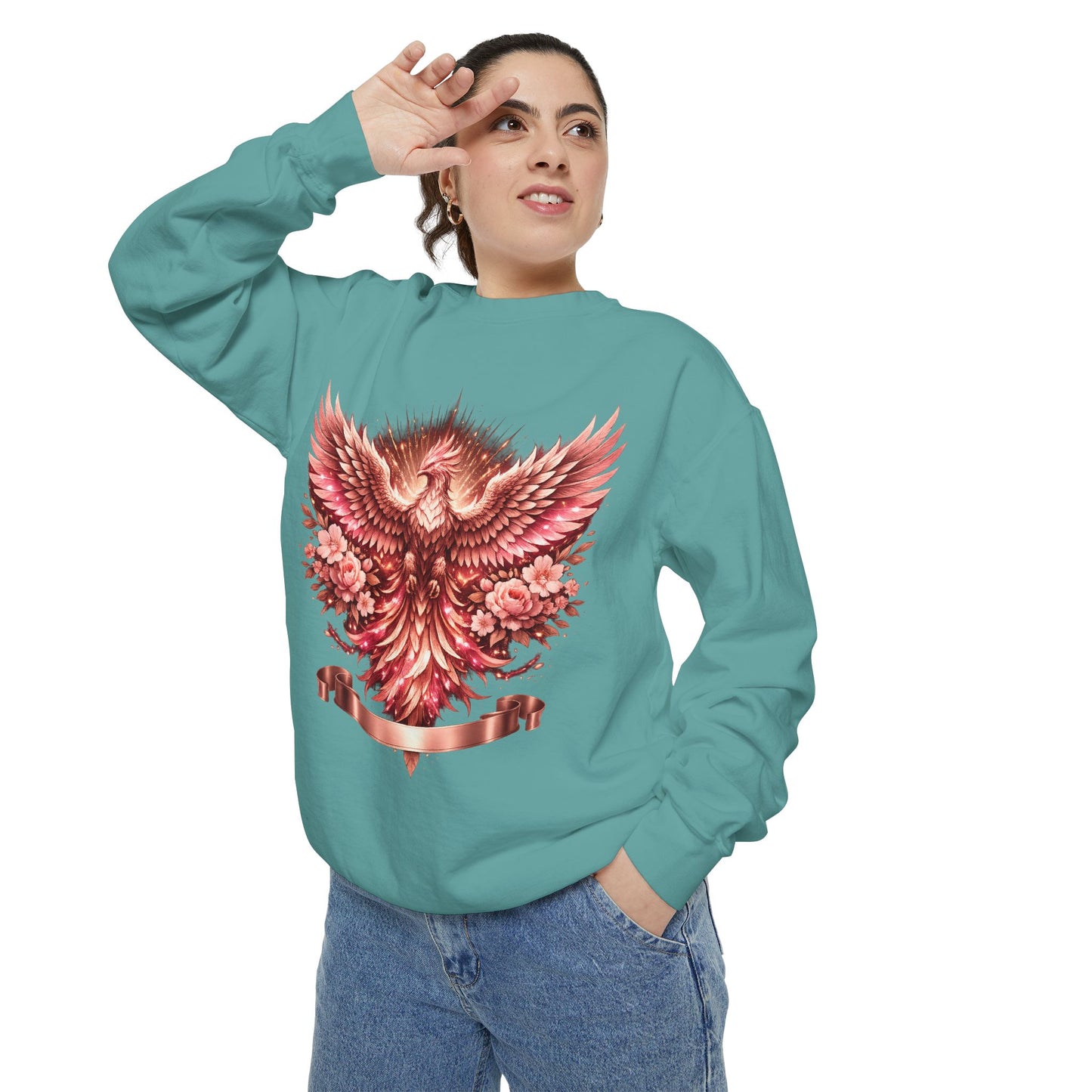 Phoenix Floral Sweatshirt — Rose Gold Rising Bird Graphic Crewneck