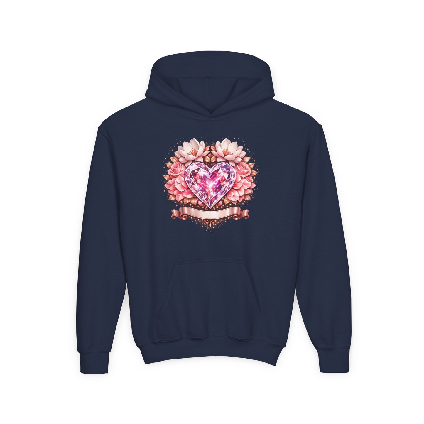 Youth Heart Gem Hoodie — Pink Floral Heart Graphic Sweatshirt